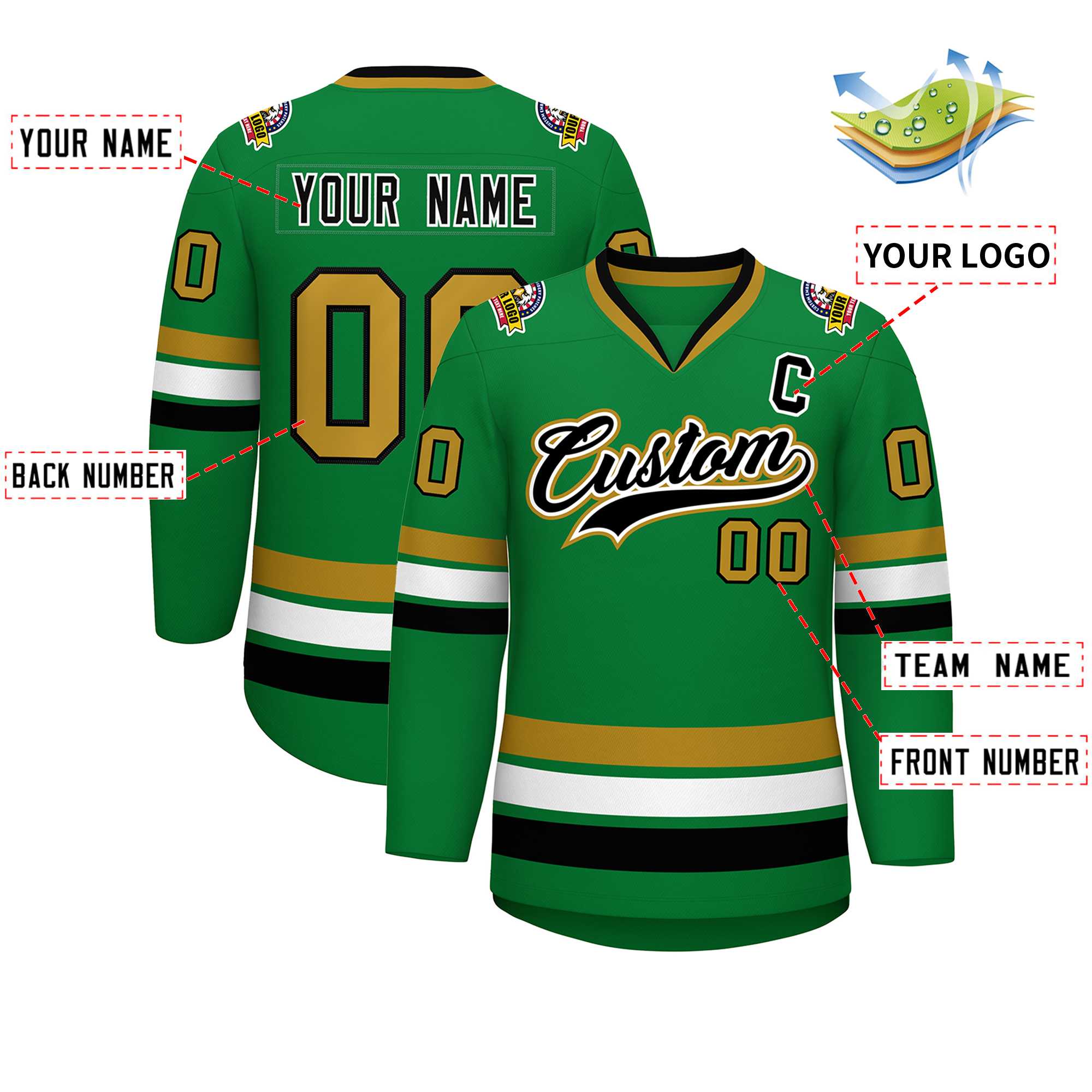 Custom Kelly Green Black White-Old Gold Classic Style Hockey Jersey | KXKSHOP