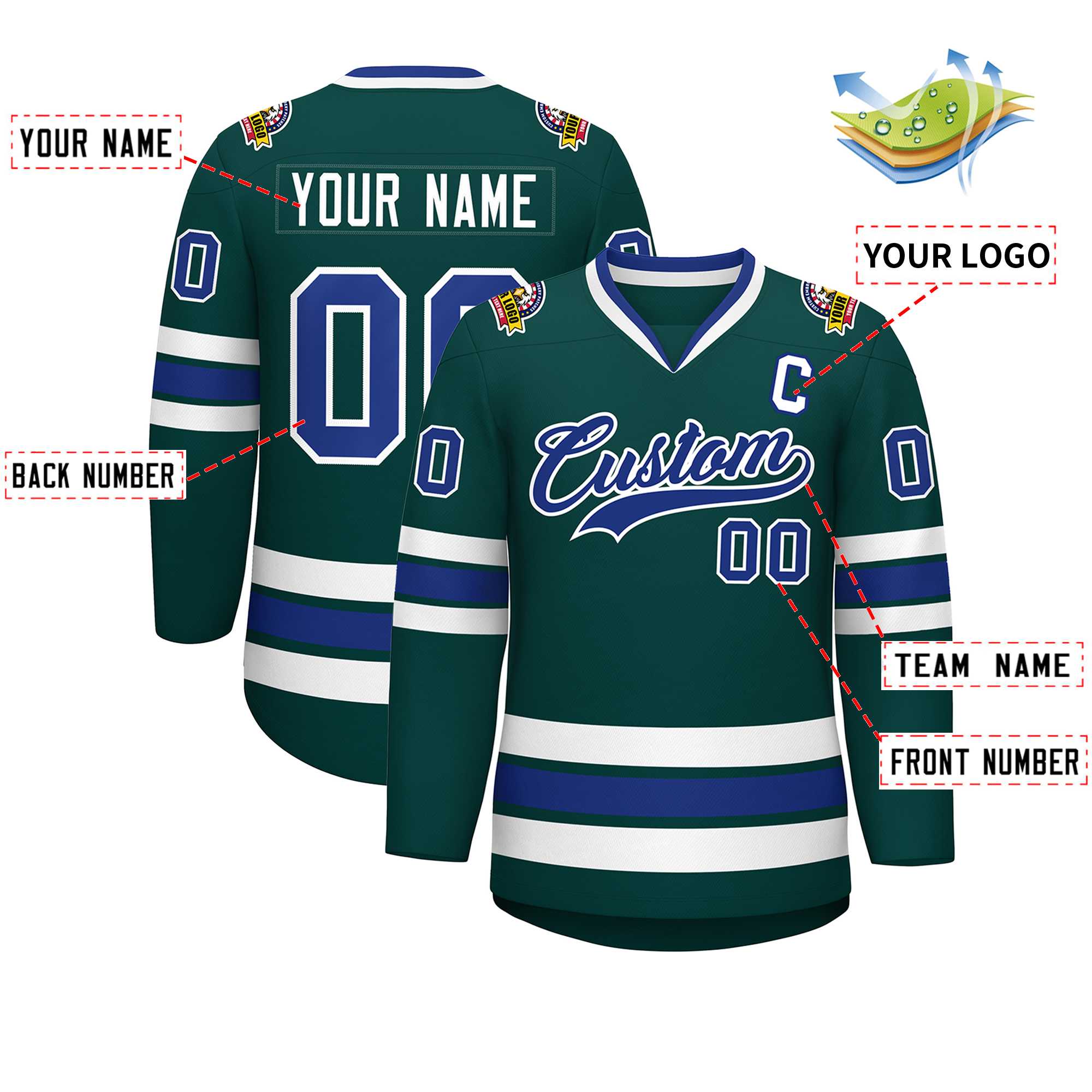 Custom Midnight Green Royal-White Classic Style Hockey Jersey | KXKSHOP