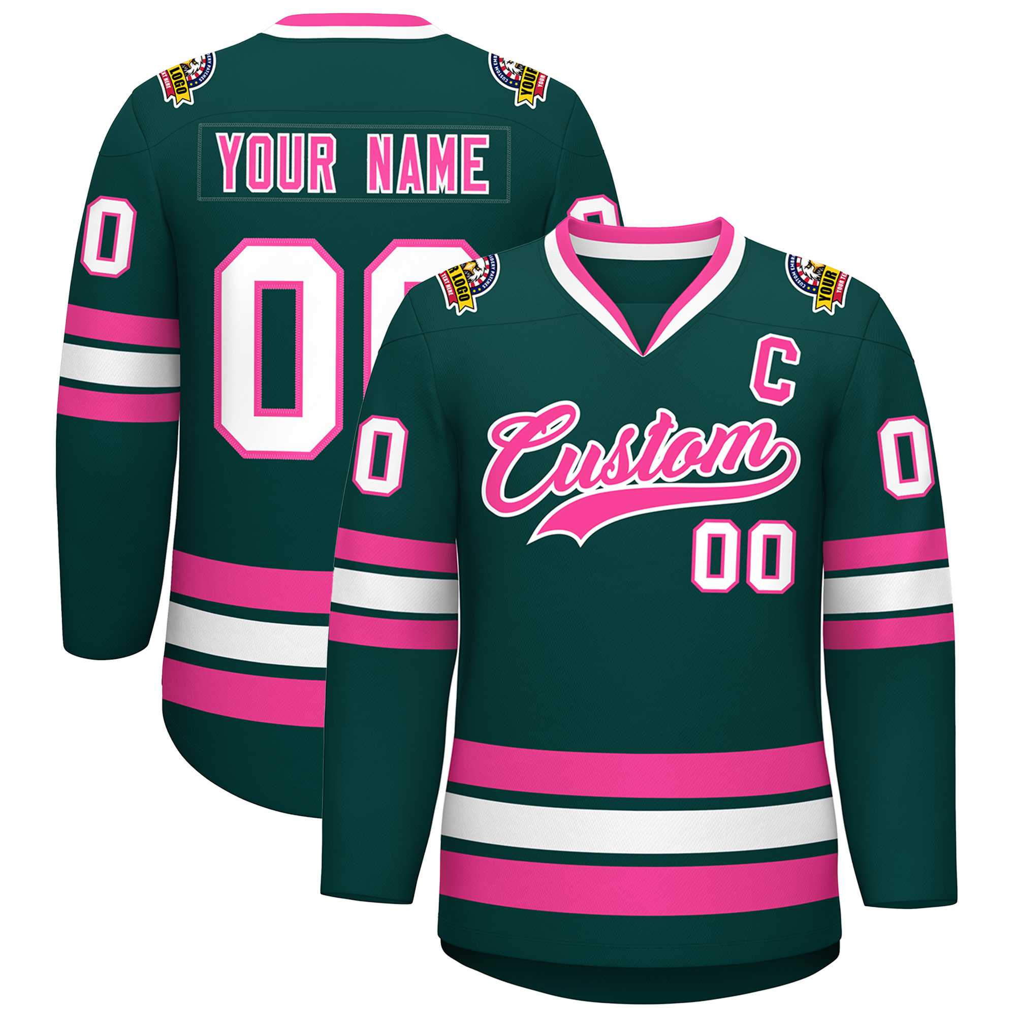 Custom Midnight Green Pink-White Classic Style Hockey Jersey | KXKSHOP