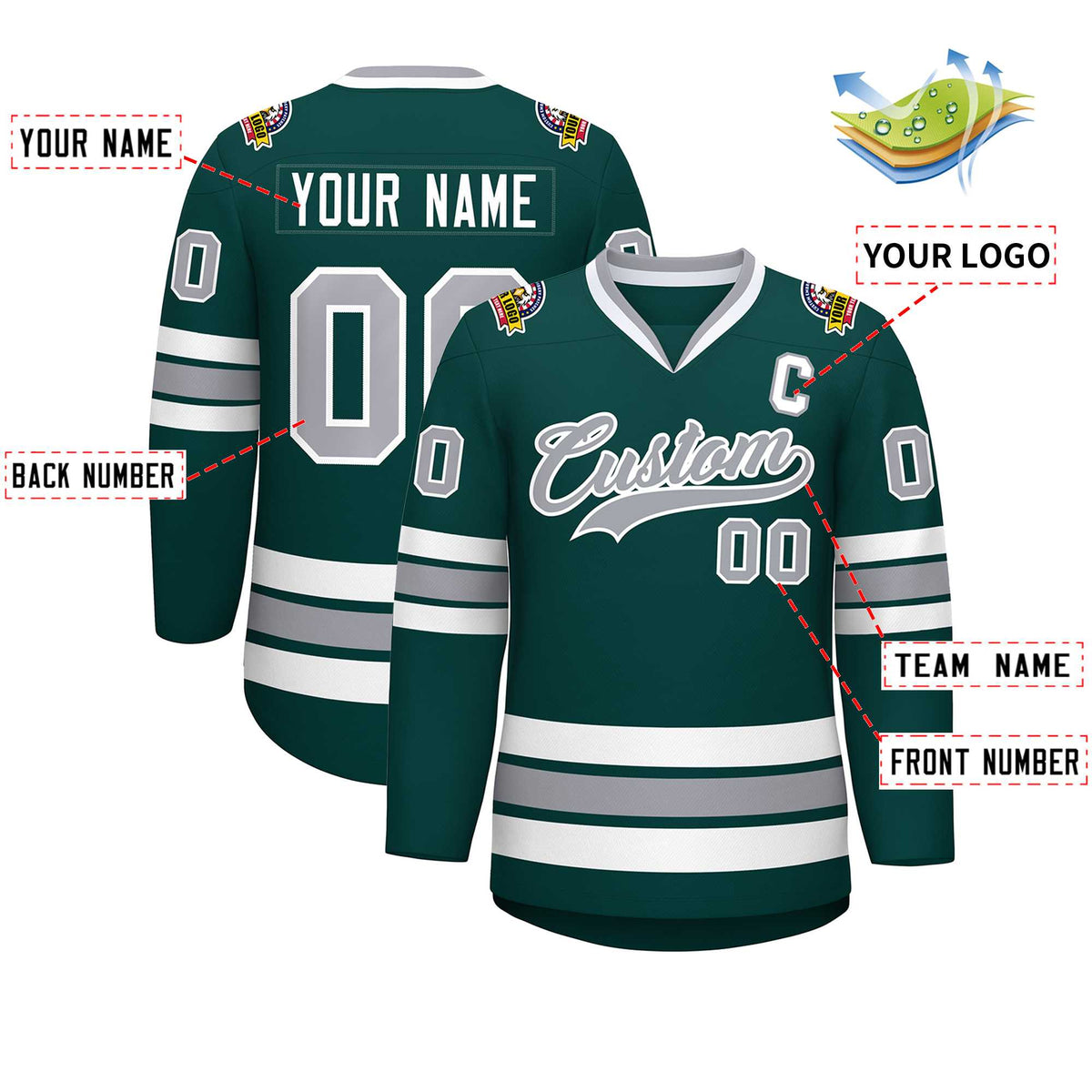 Custom Midnight Green Gray-White Classic Style Hockey Jersey | KXKSHOP