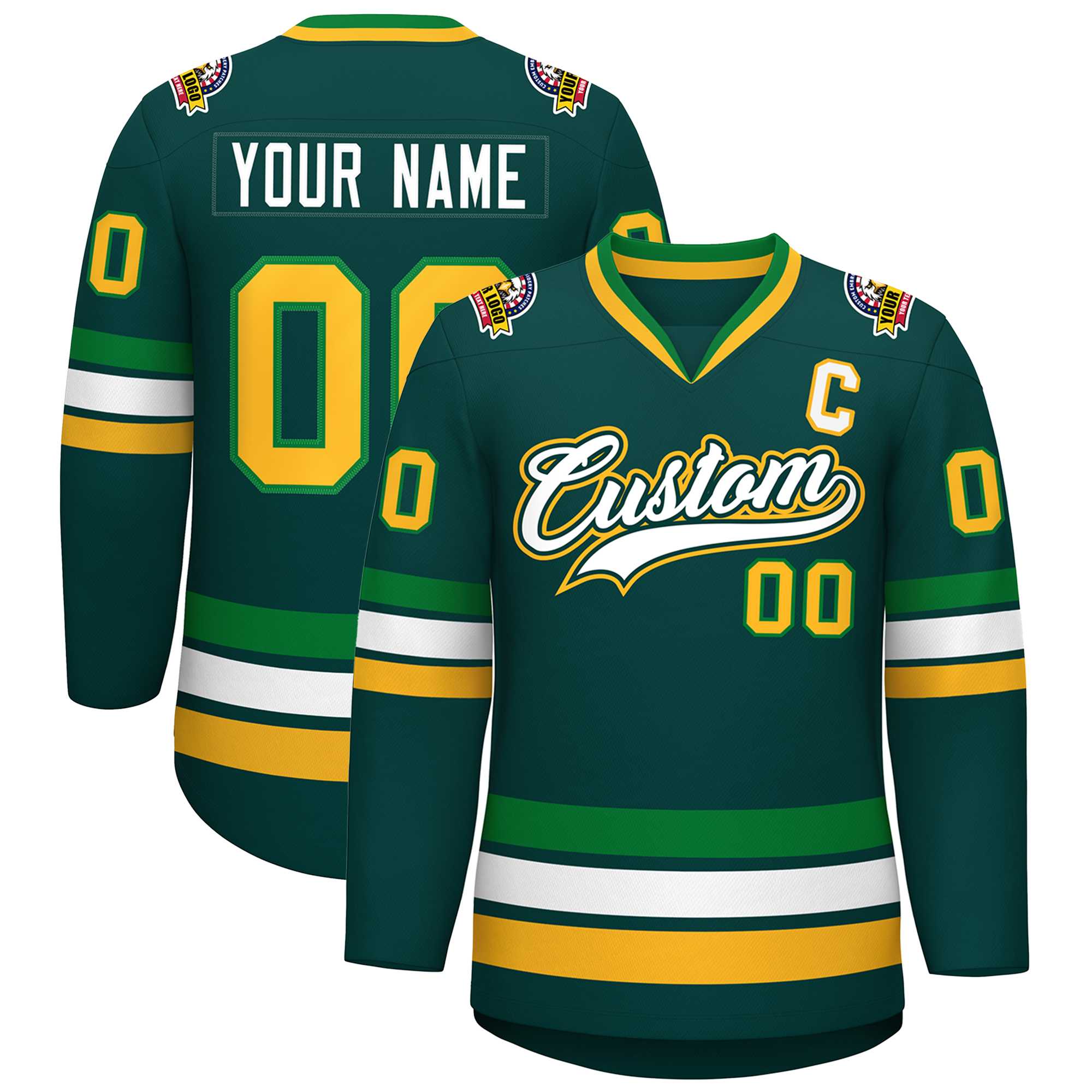 Custom Midnight Green White Kelly Green-Gold Classic Style Hockey Jersey | KXKSHOP