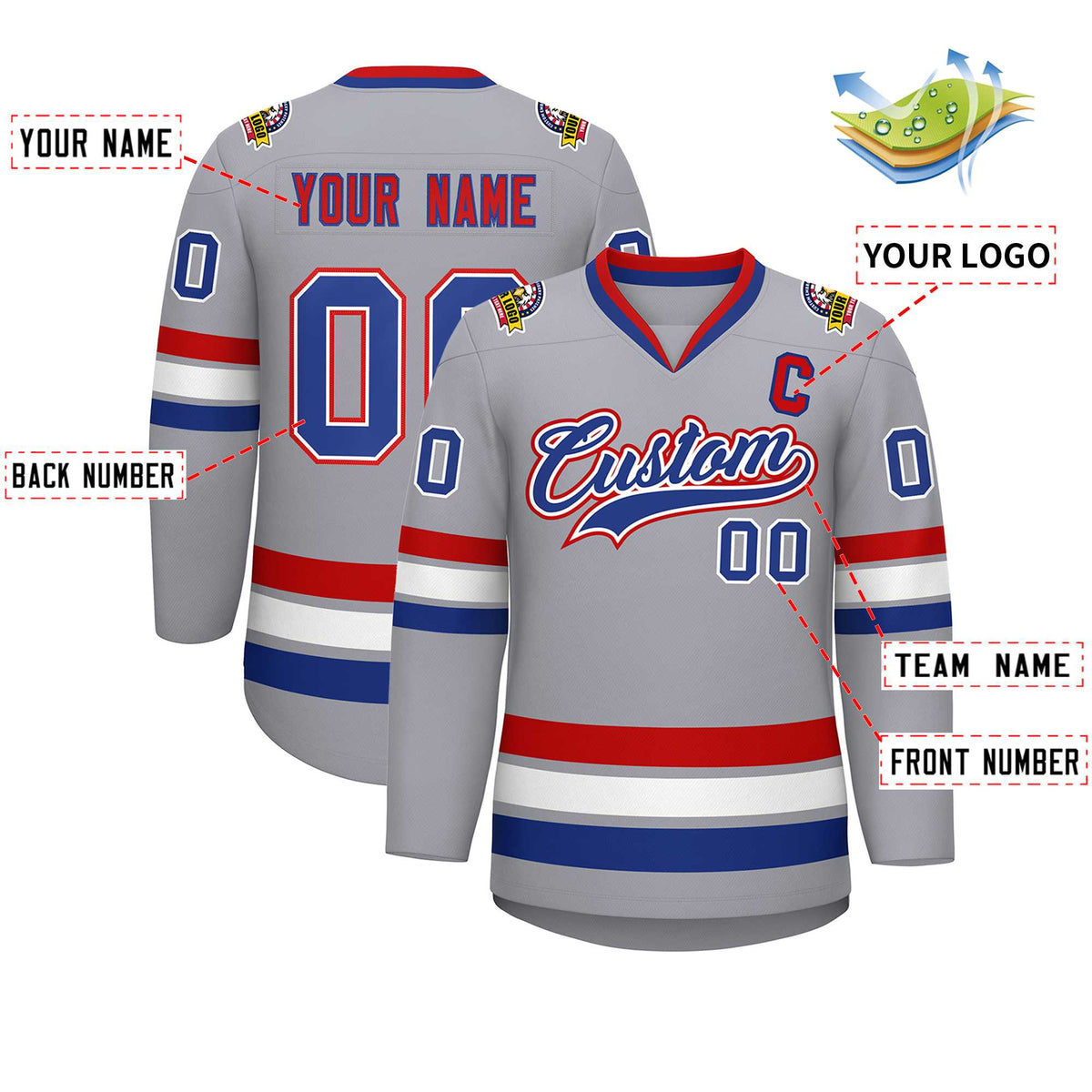 Custom Gray Royal White-Red Classic Style Hockey Jersey | KXKSHOP