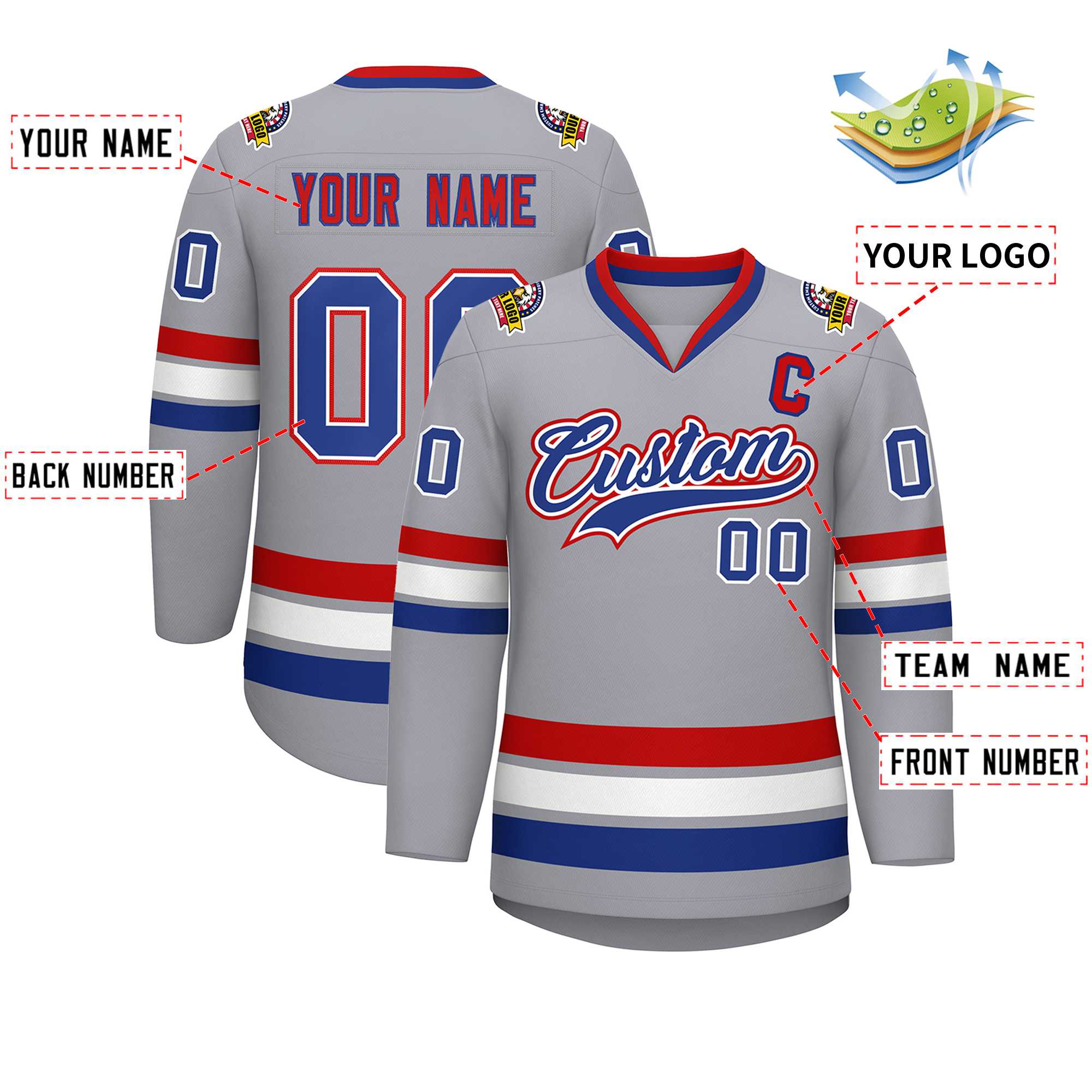 Custom Gray Royal White-Red Classic Style Hockey Jersey | KXKSHOP