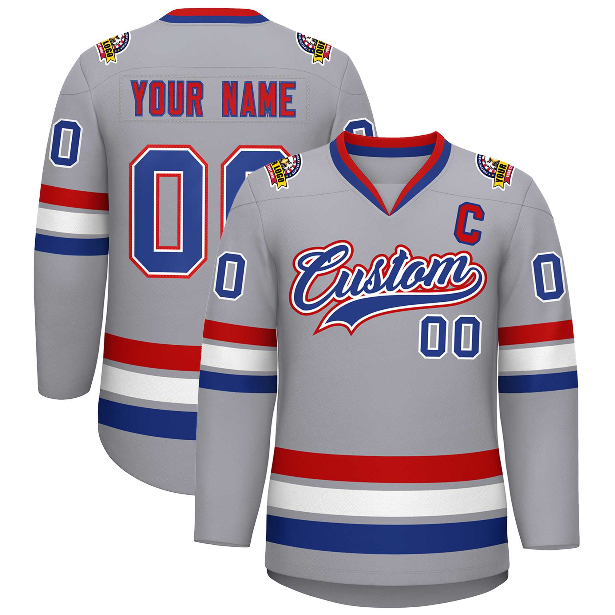 Custom Gray Royal White-Red Classic Style Hockey Jersey | KXKSHOP