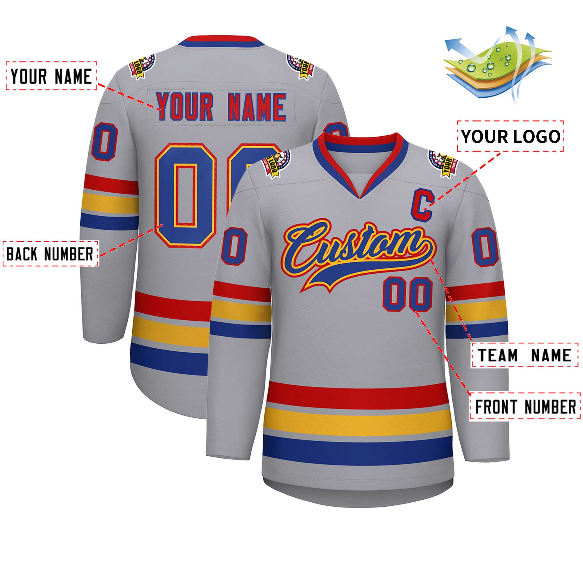Custom Gray Royal Gold-Red Classic Style Hockey Jersey | KXKSHOP