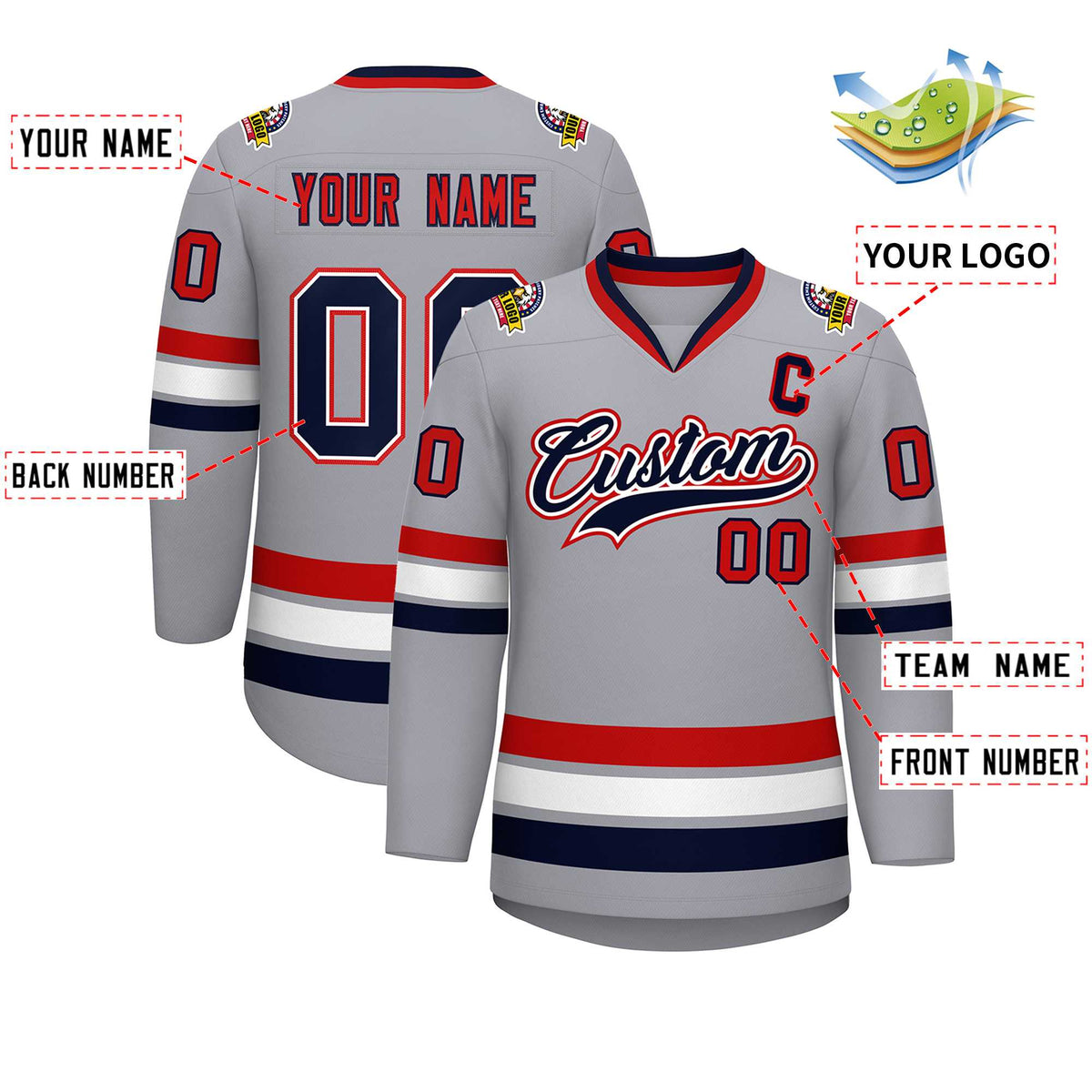 Custom Gray Navy White-Red Classic Style Hockey Jersey | KXKSHOP