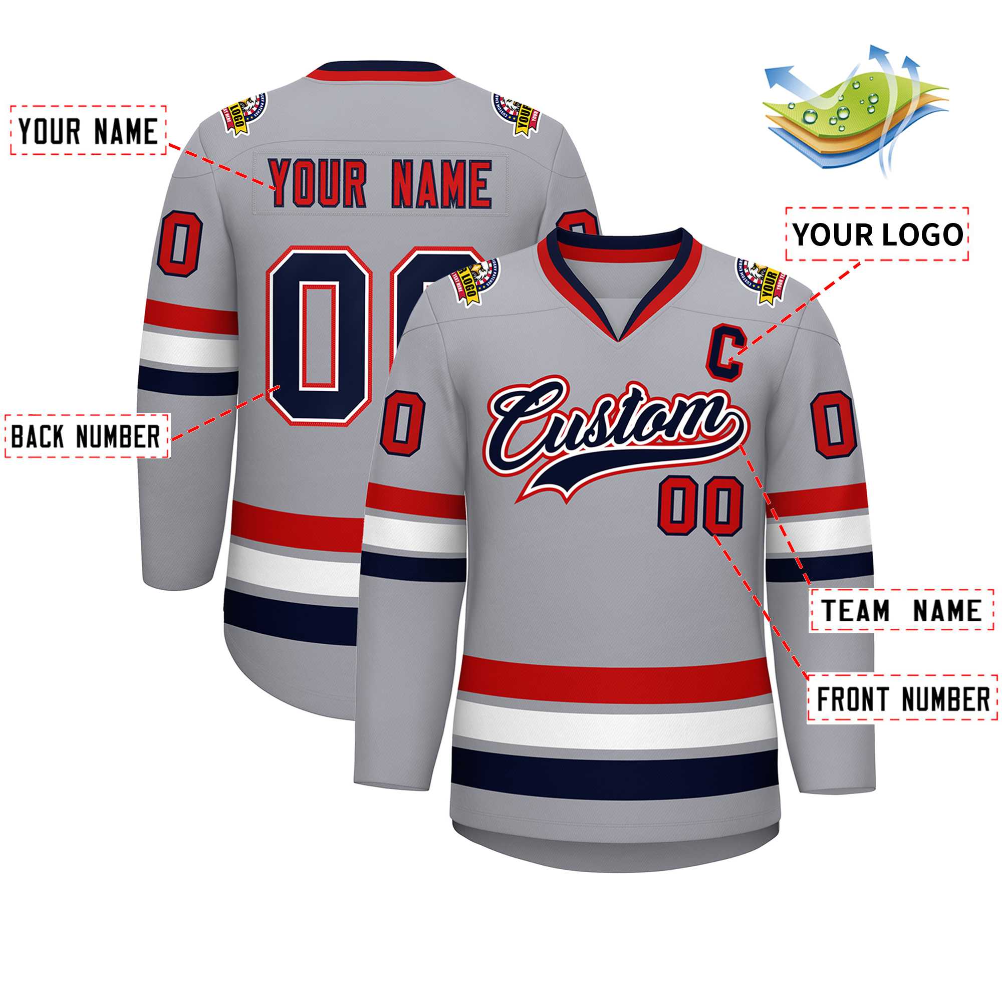 Custom Gray Navy White-Red Classic Style Hockey Jersey | KXKSHOP