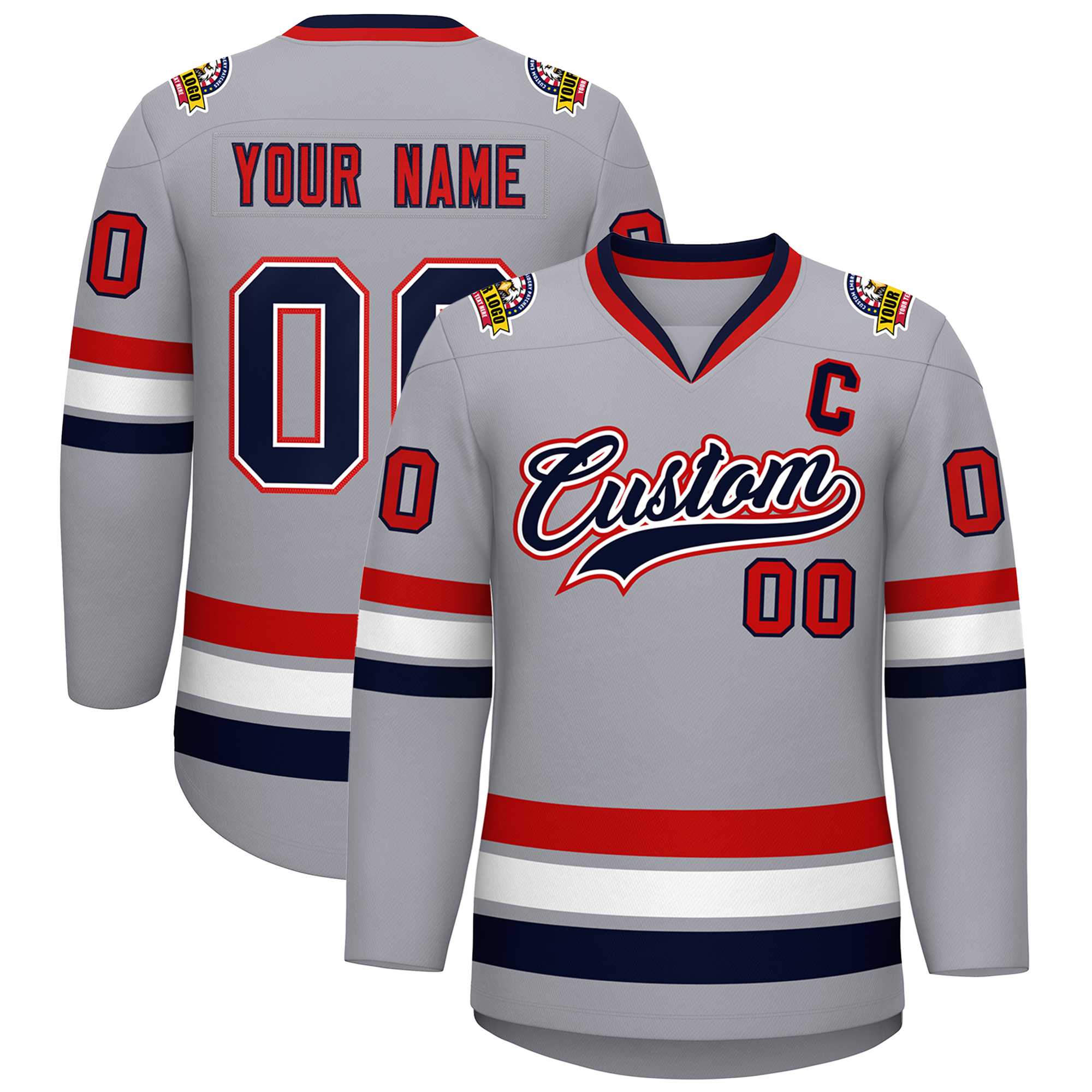 Custom Gray Navy White-Red Classic Style Hockey Jersey | KXKSHOP