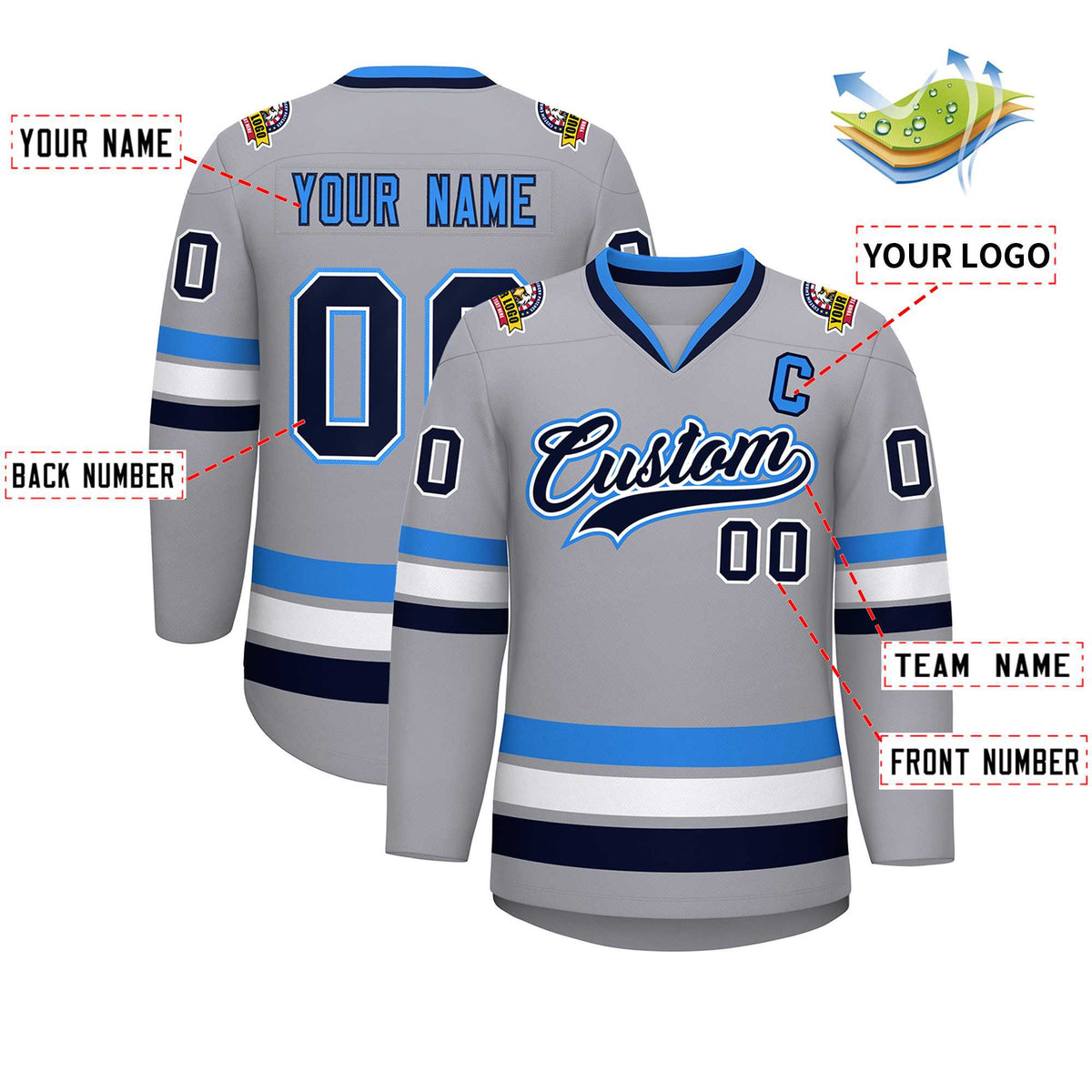Custom Gray Navy White-Powder Blue Classic Style Hockey Jersey | KXKSHOP