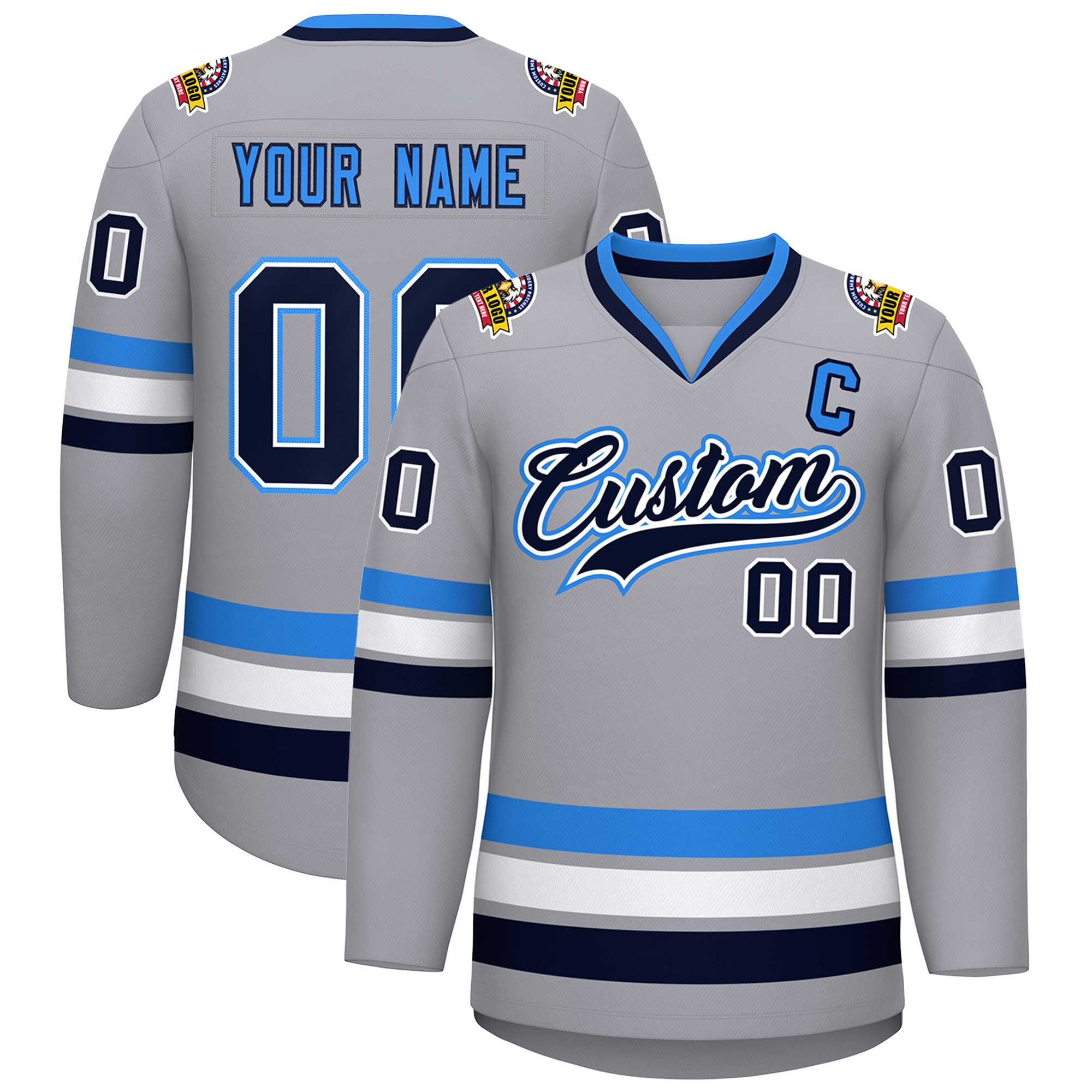 Custom Gray Navy White-Powder Blue Classic Style Hockey Jersey | KXKSHOP