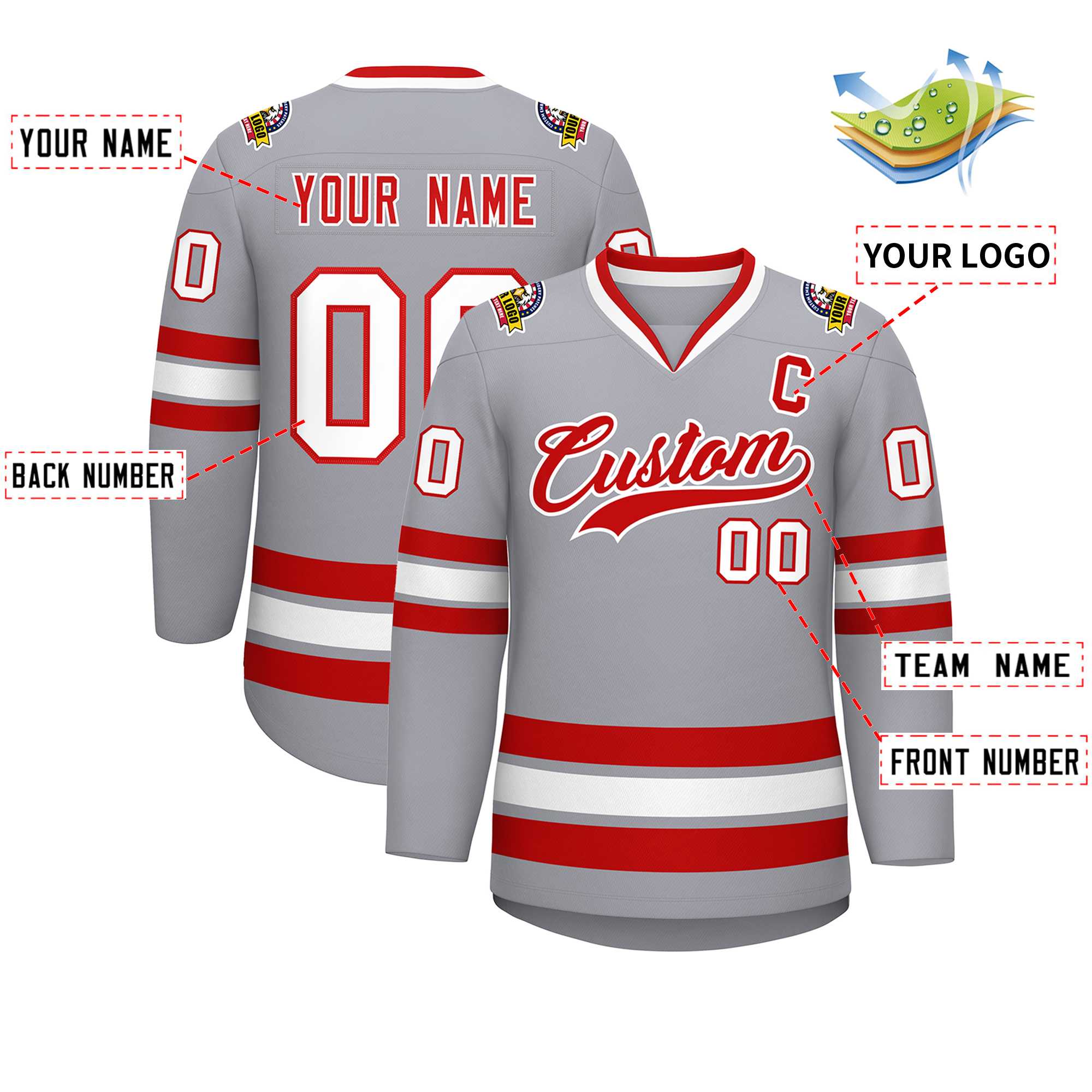 Custom Gray Red-White Classic Style Hockey Jersey | KXKSHOP