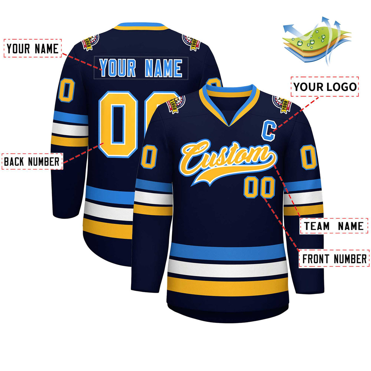 Custom Navy Gold White-Powder Blue Classic Style Hockey Jersey | KXKSHOP