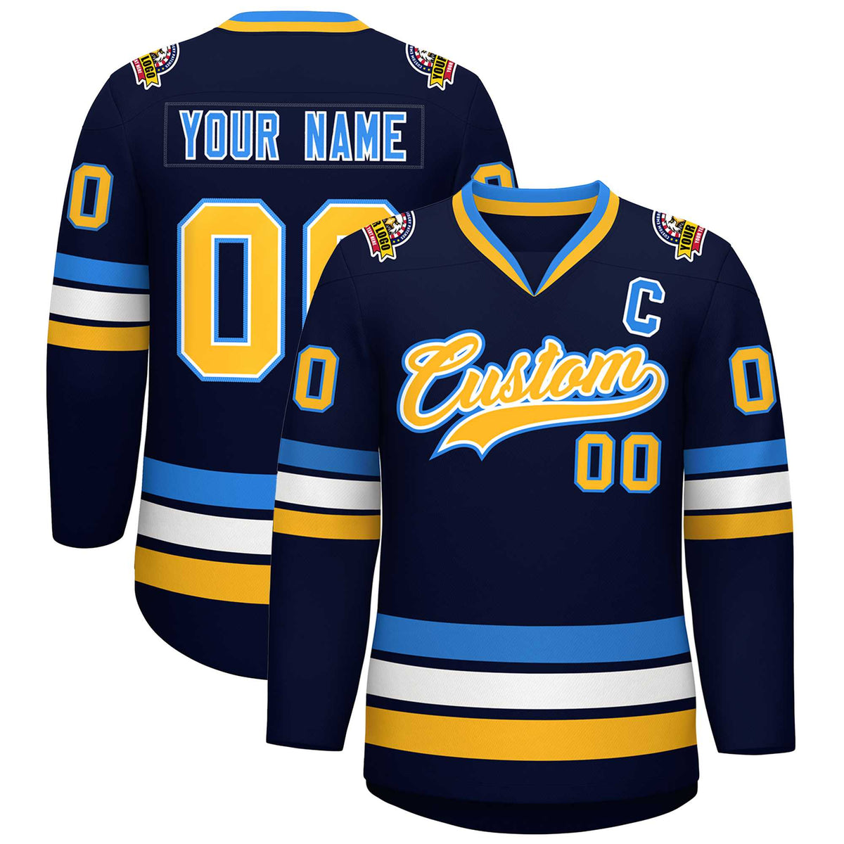 Custom Navy Gold White-Powder Blue Classic Style Hockey Jersey | KXKSHOP