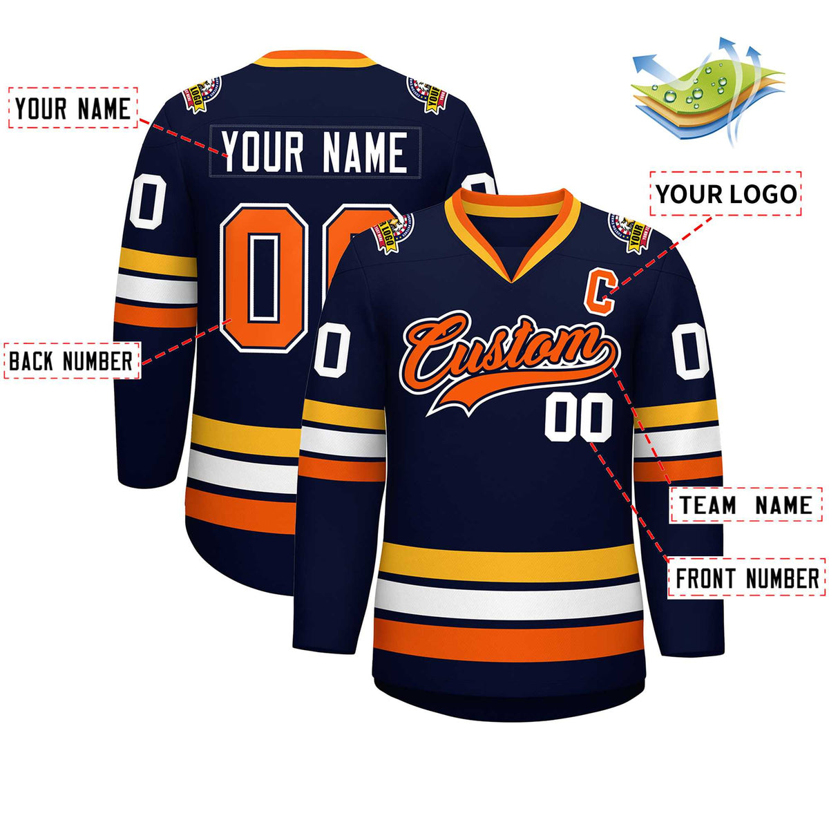 Custom Navy Orange Navy-White Classic Style Hockey Jersey | KXKSHOP