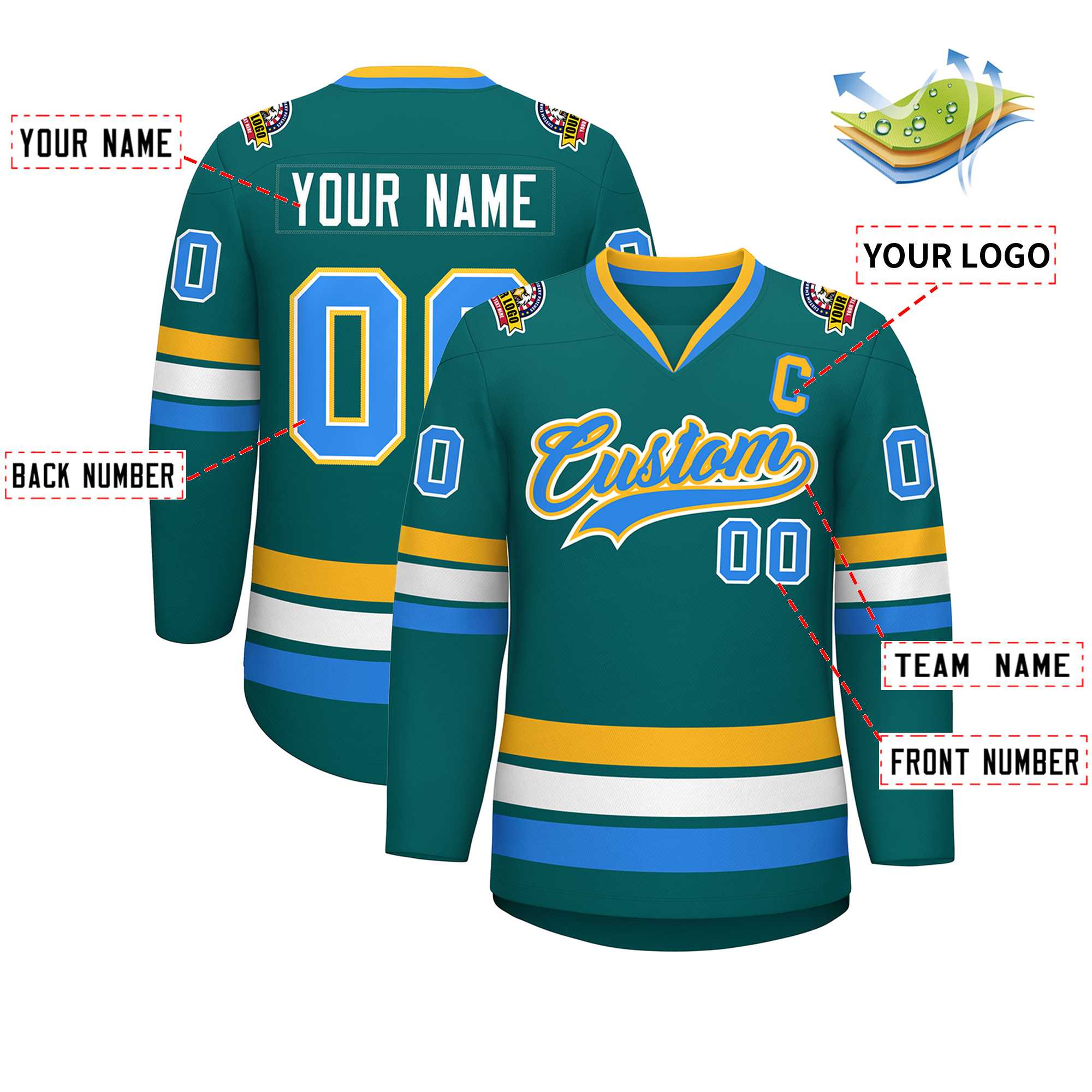 Custom Aqua Powder Blue White-Gold Classic Style Hockey Jersey | KXKSHOP