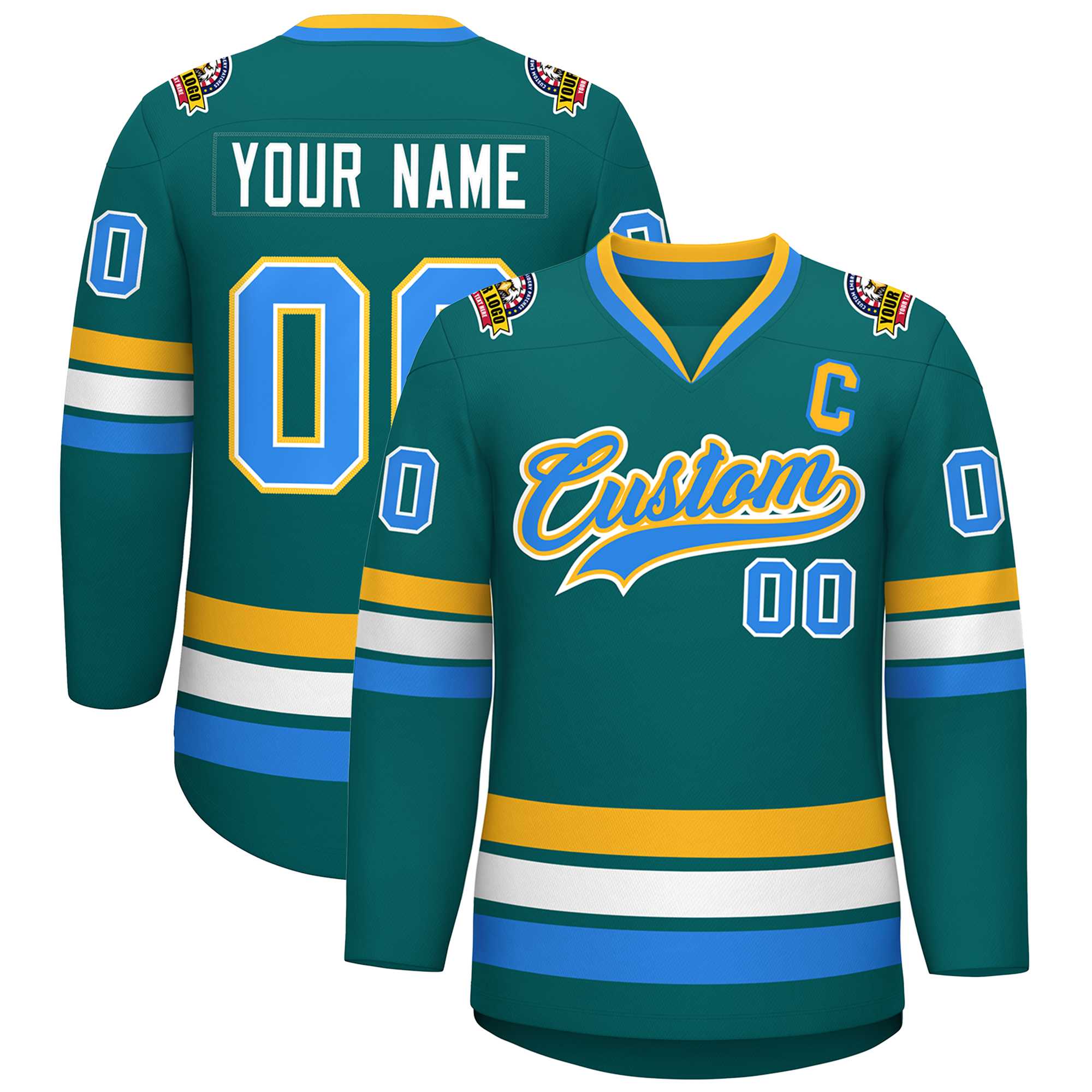 Custom Aqua Powder Blue White-Gold Classic Style Hockey Jersey | KXKSHOP