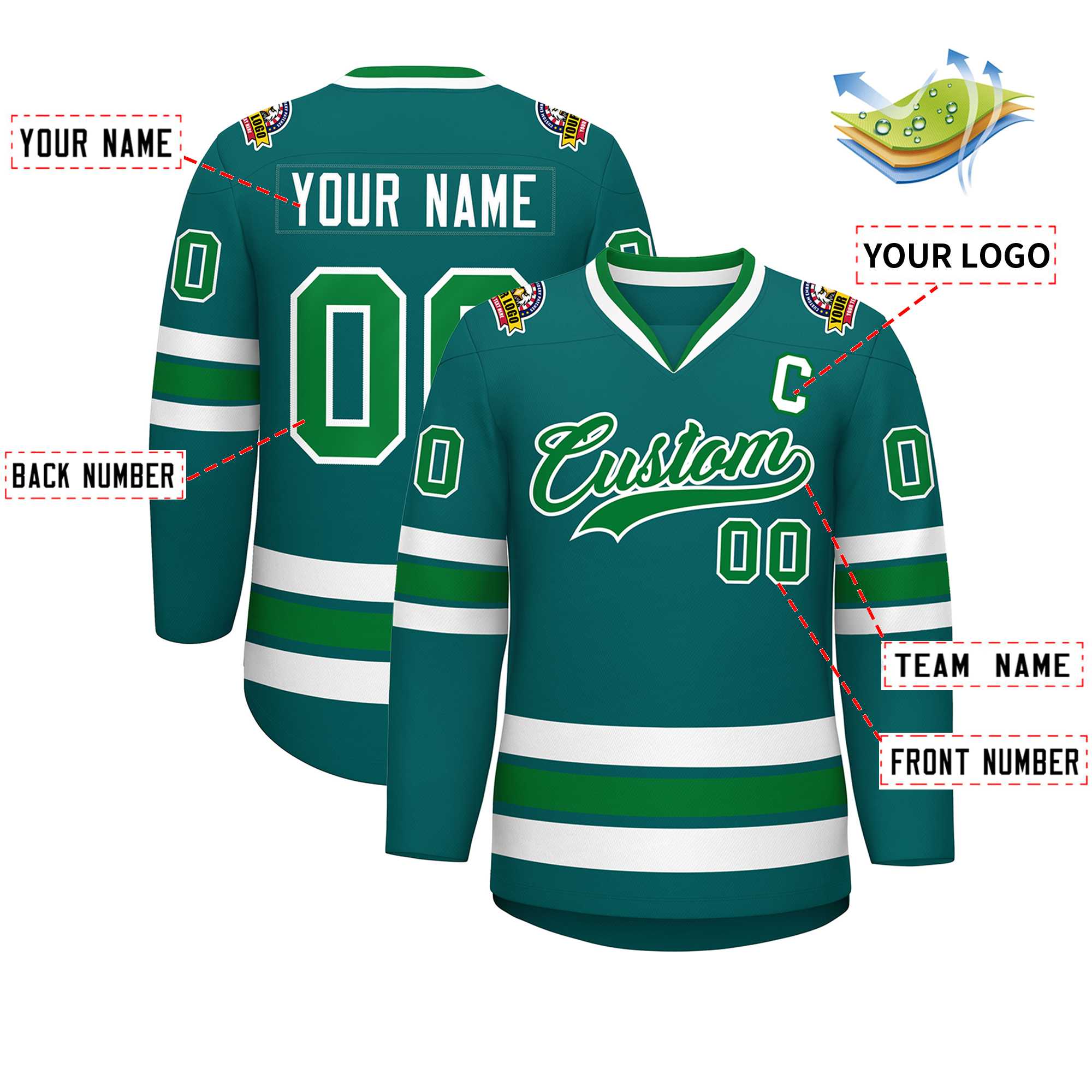 Custom Aqua Kelly Green-White Classic Style Hockey Jersey | KXKSHOP
