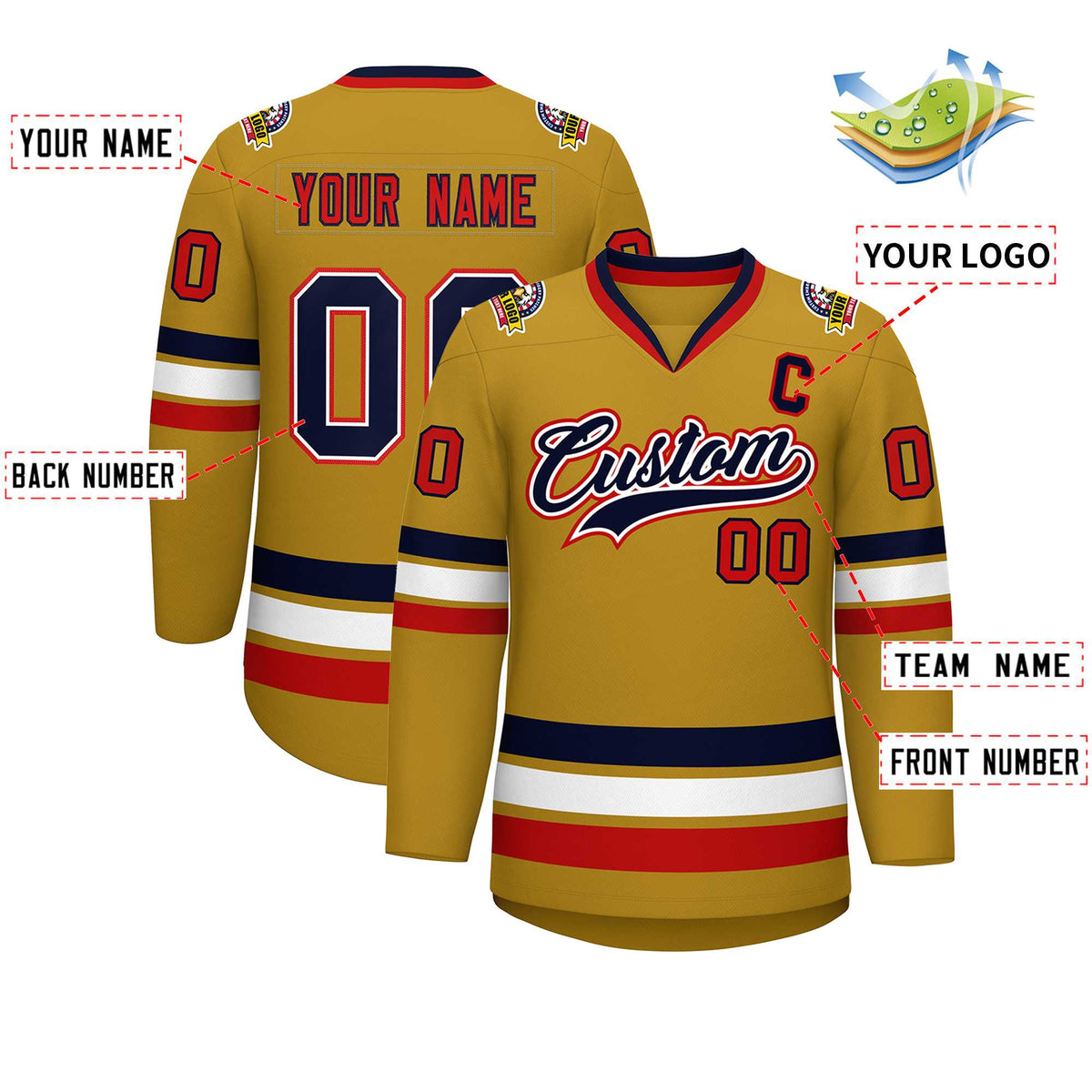 Custom Old Gold Navy White-Red Classic Style Hockey Jersey | KXKSHOP
