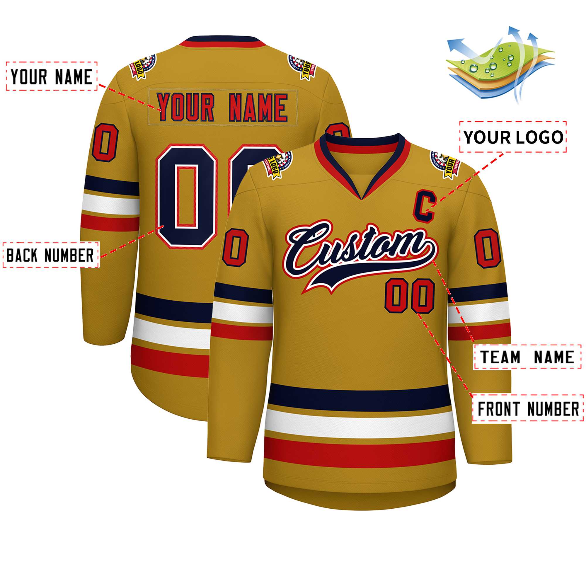 Custom Old Gold Navy White-Red Classic Style Hockey Jersey | KXKSHOP