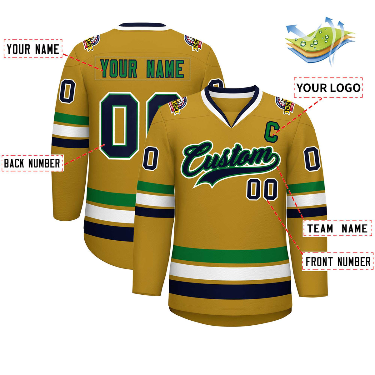 Custom Old Gold Navy Kelly Green-White Classic Style Hockey Jersey | KXKSHOP