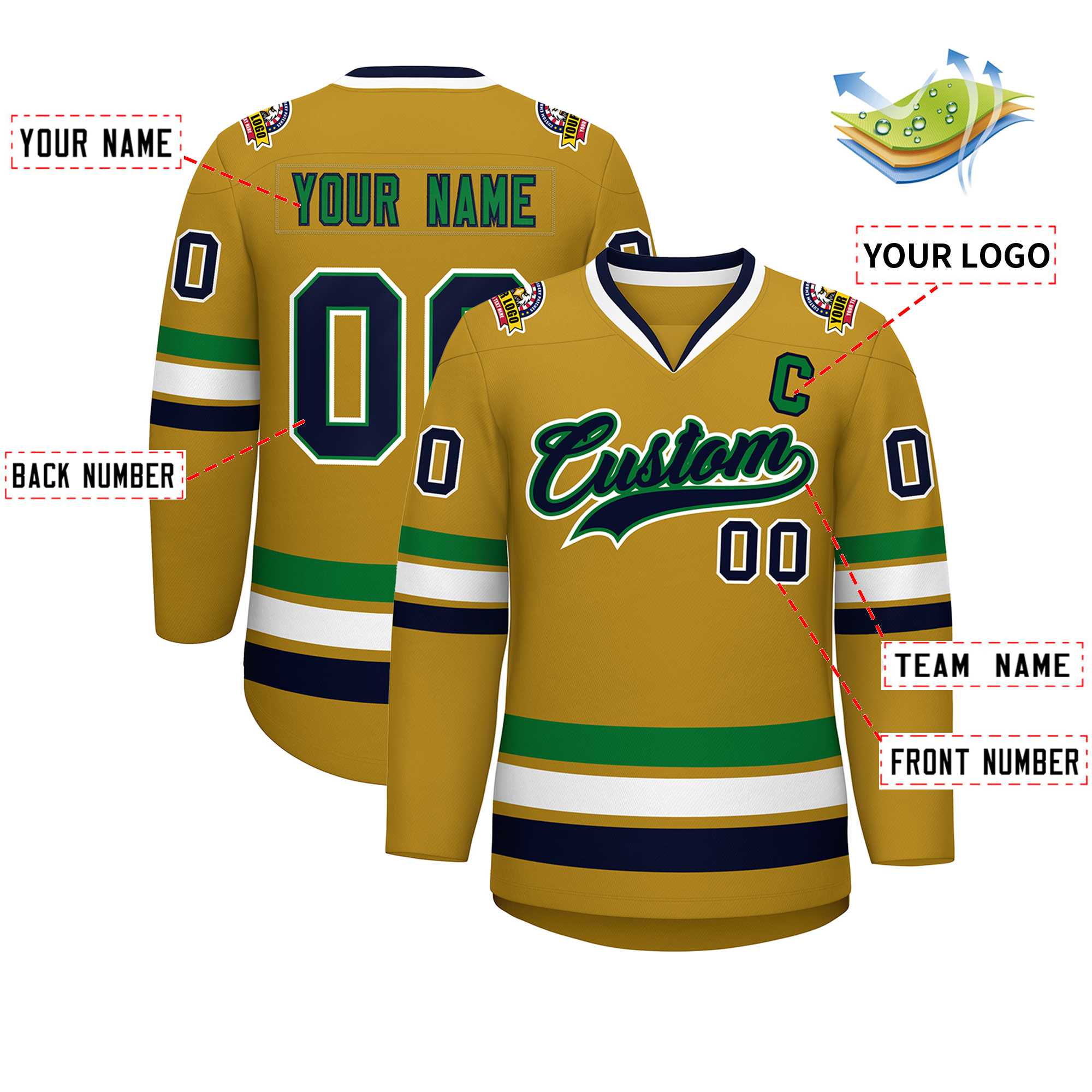 Custom Old Gold Navy Kelly Green-White Classic Style Hockey Jersey | KXKSHOP