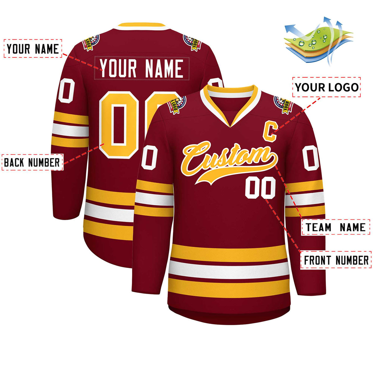 Custom Crimson Gold-White Classic Style Hockey Jersey | KXKSHOP