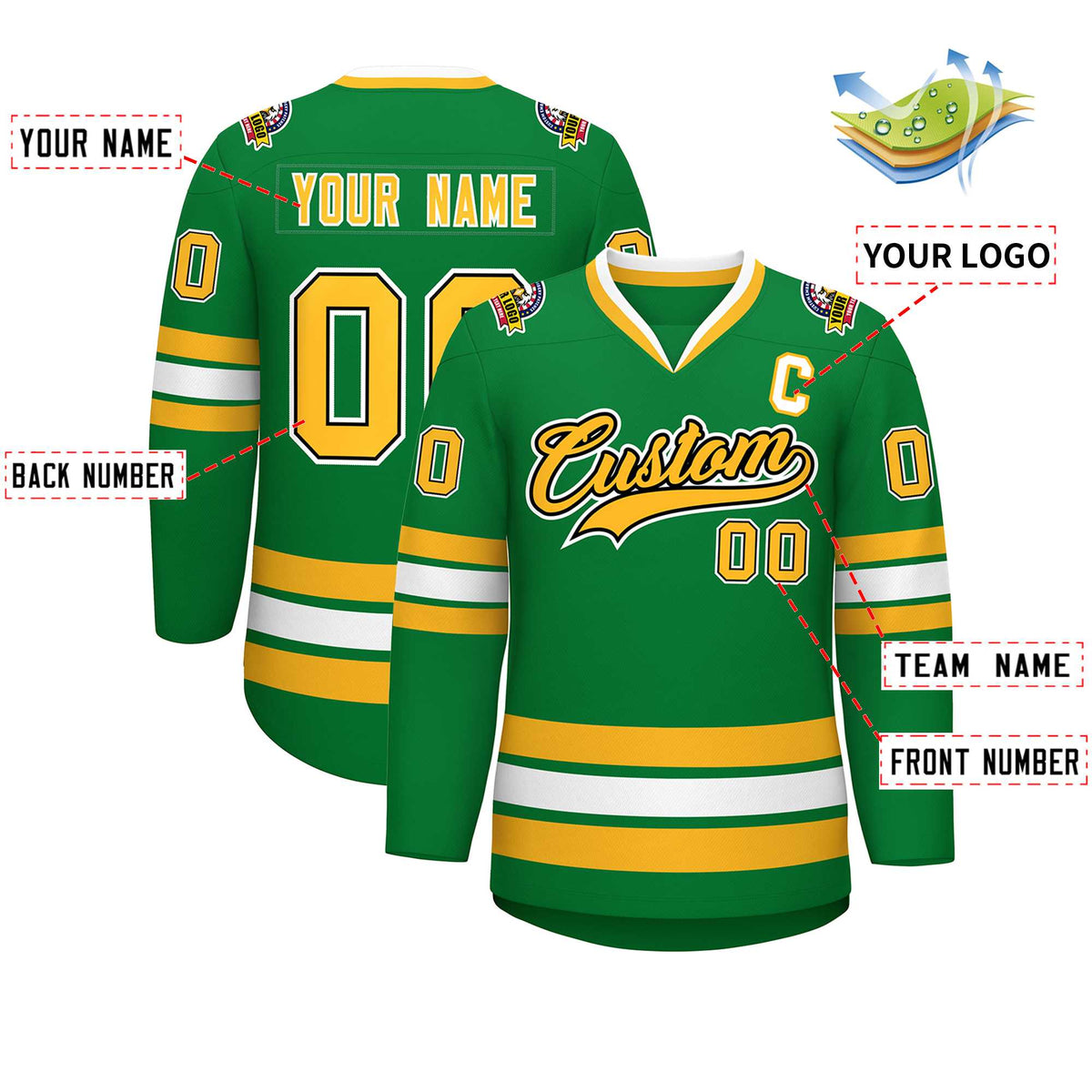 Custom Kelly Green Gold Black-White Classic Style Hockey Jersey | KXKSHOP