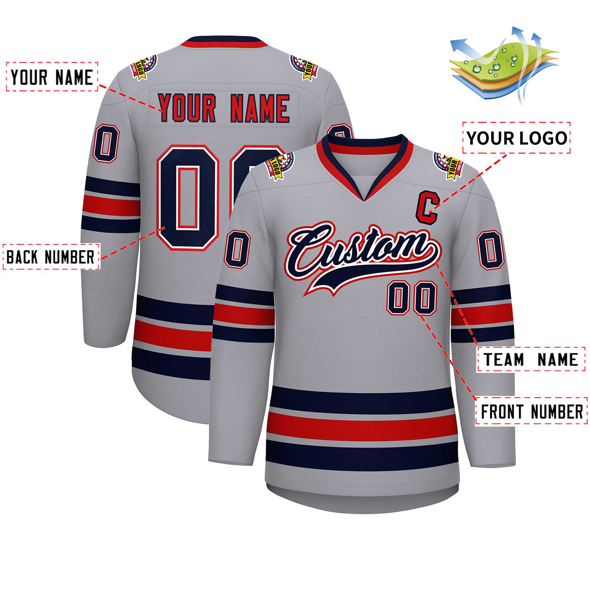 Custom Gray Navy White-Red Classic Style Hockey Jersey | KXKSHOP