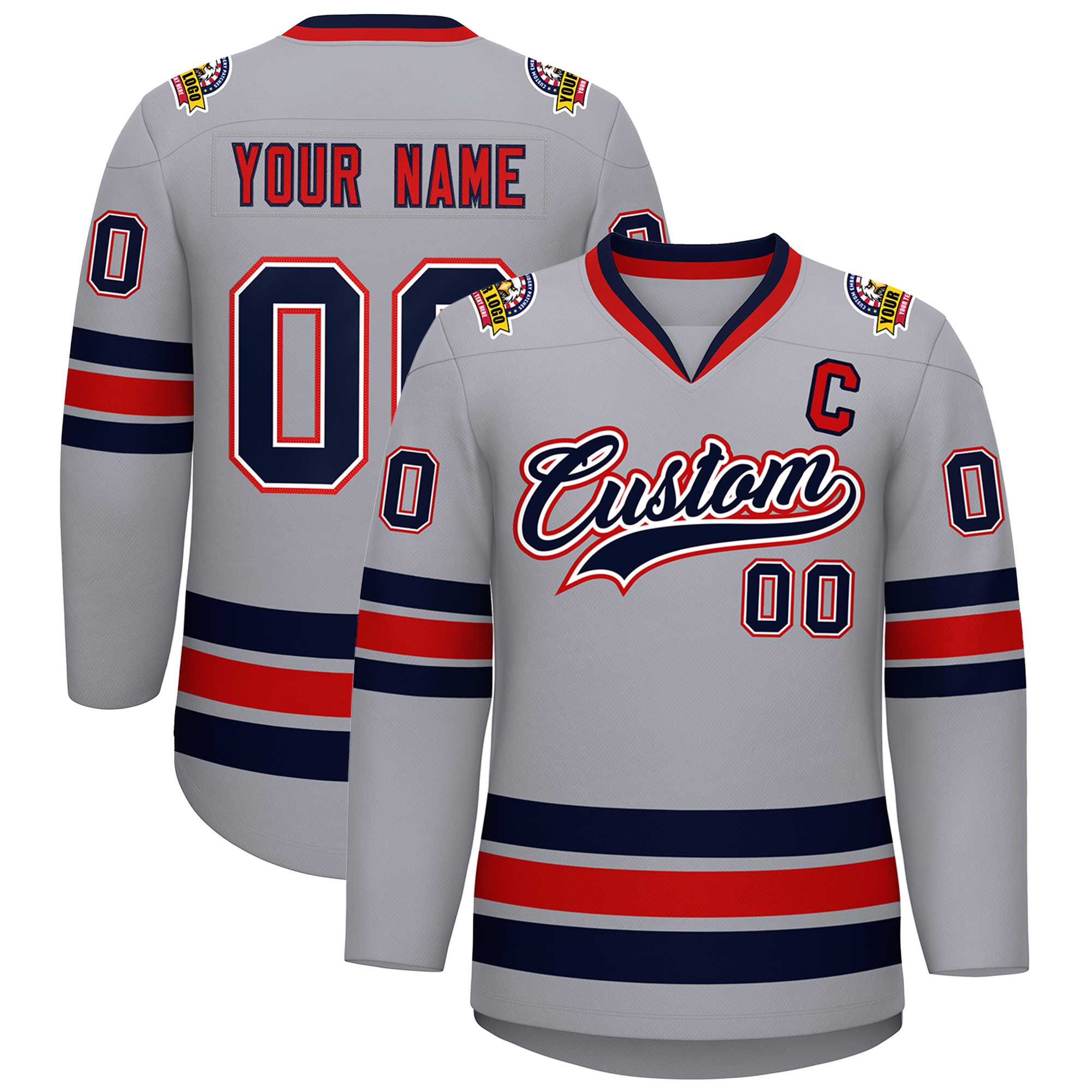 Custom Gray Navy White-Red Classic Style Hockey Jersey | KXKSHOP