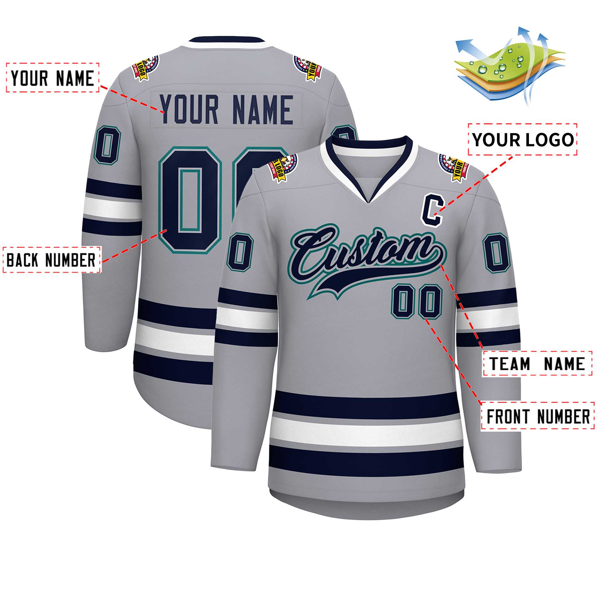 Custom Gray Navy Gray-Aqua Classic Style Hockey Jersey | KXKSHOP
