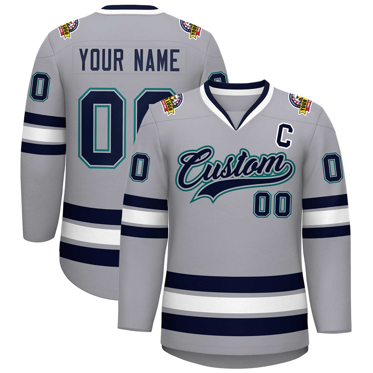Custom Gray Navy Gray-Aqua Classic Style Hockey Jersey | KXKSHOP