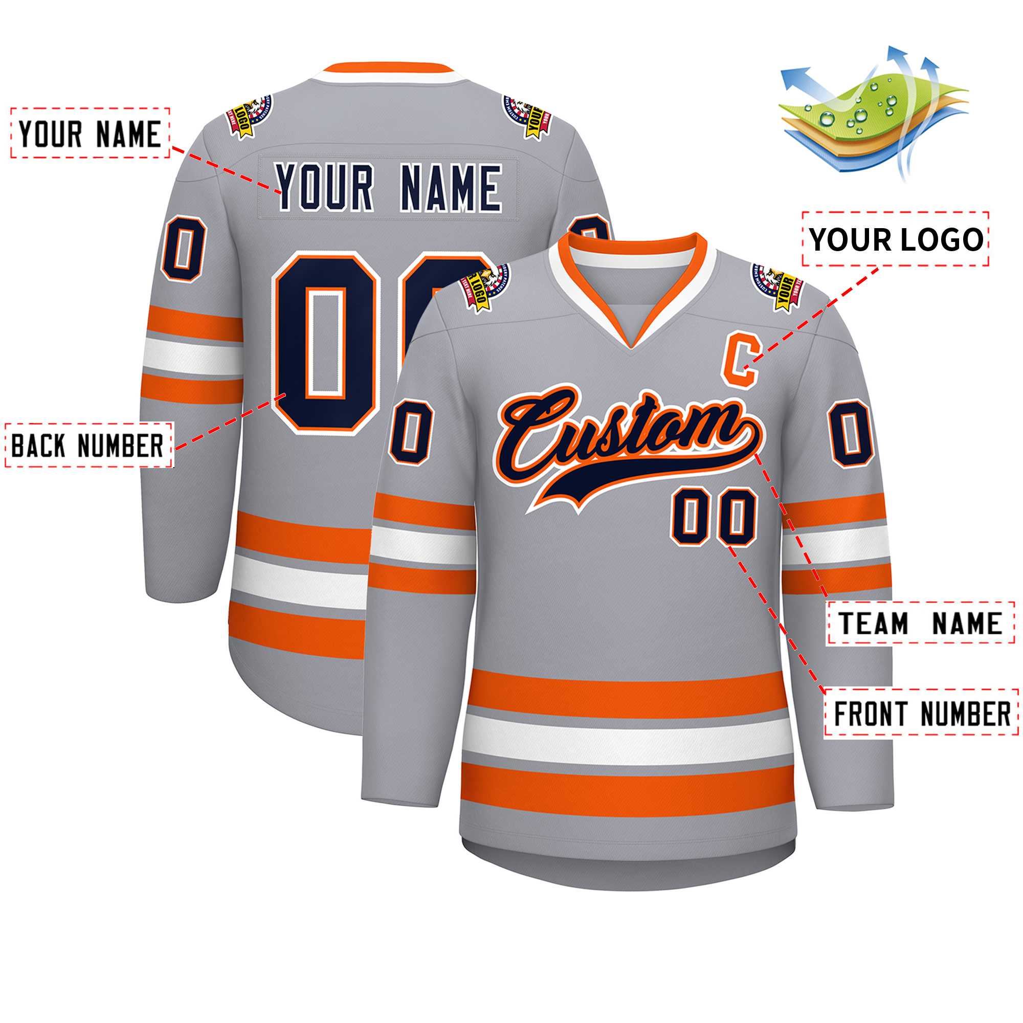 Custom Gray Navy Orange-White Classic Style Hockey Jersey | KXKSHOP