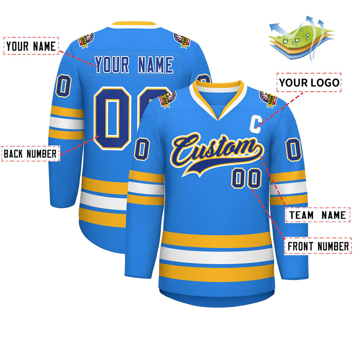 Custom Powder Blue Royal Gold-White Classic Style Hockey Jersey | KXKSHOP