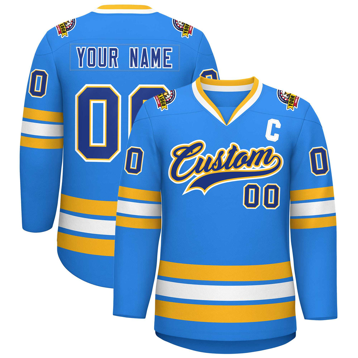 Custom Powder Blue Royal Gold-White Classic Style Hockey Jersey | KXKSHOP