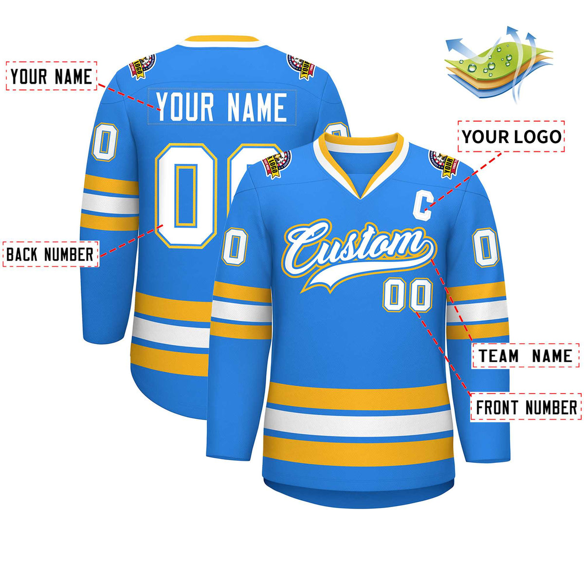 Custom Powder Blue White Powder Blue-Gold Classic Style Hockey Jersey | KXKSHOP