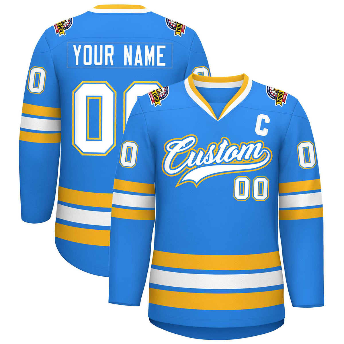 Custom Powder Blue White Powder Blue-Gold Classic Style Hockey Jersey | KXKSHOP
