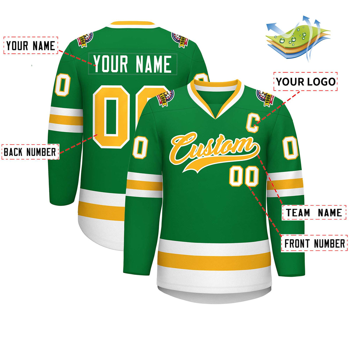 Custom Kelly Green Gold-White Classic Style Hockey Jersey | KXKSHOP