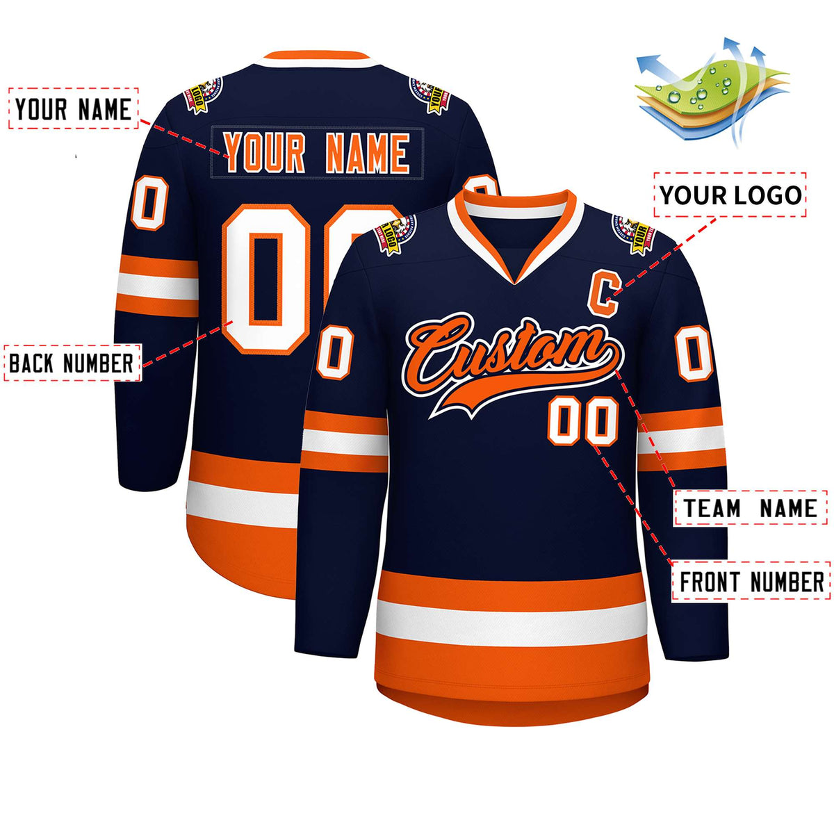 Custom Navy Orange Navy-White Classic Style Hockey Jersey | KXKSHOP