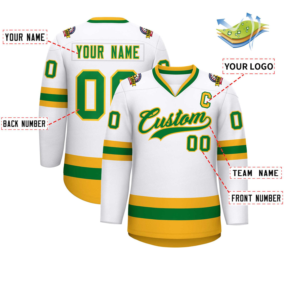 Custom White Kelly Green-Gold Classic Style Hockey Jersey | KXKSHOP