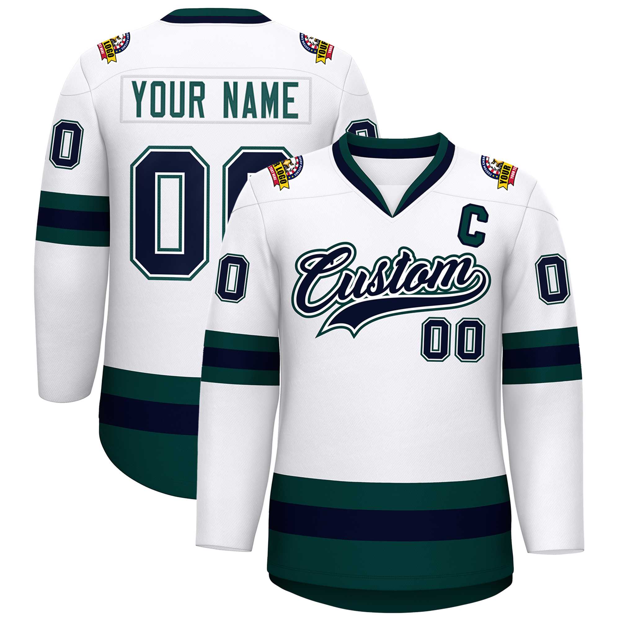 Custom White Navy White-Midnight Green Classic Style Hockey Jersey | KXKSHOP