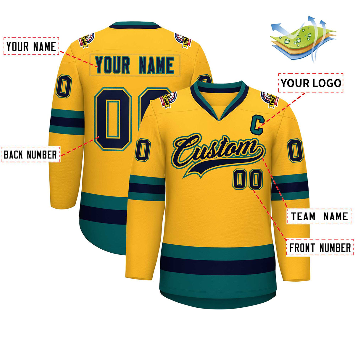 Custom Gold Navy Gold-Aqua Classic Style Hockey Jersey | KXKSHOP
