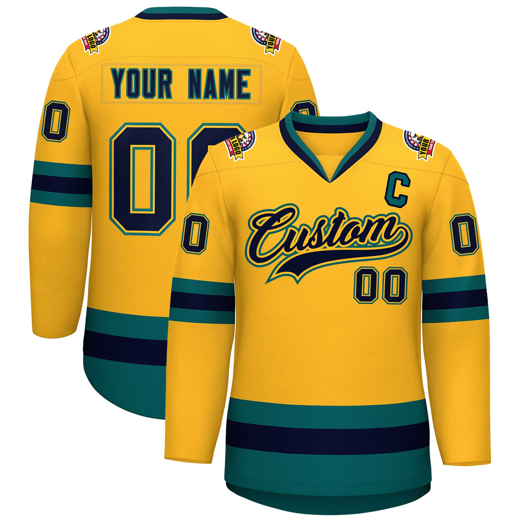 Custom Gold Navy Gold-Aqua Classic Style Hockey Jersey | KXKSHOP