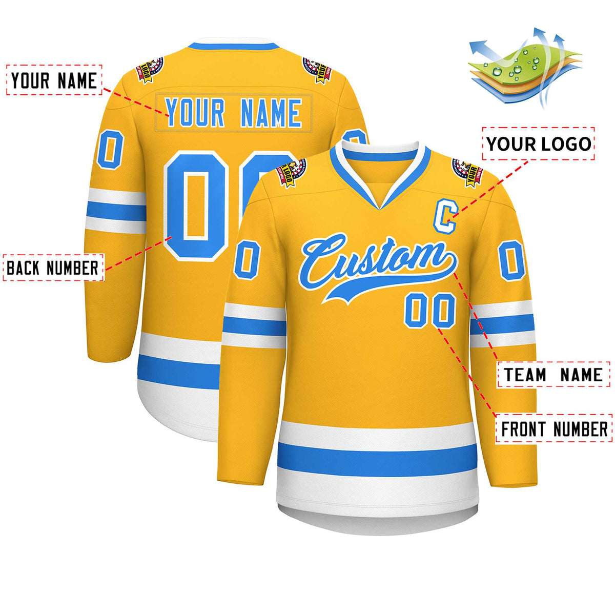 Custom Gold Powder Blue-White Classic Style Hockey Jersey | KXKSHOP