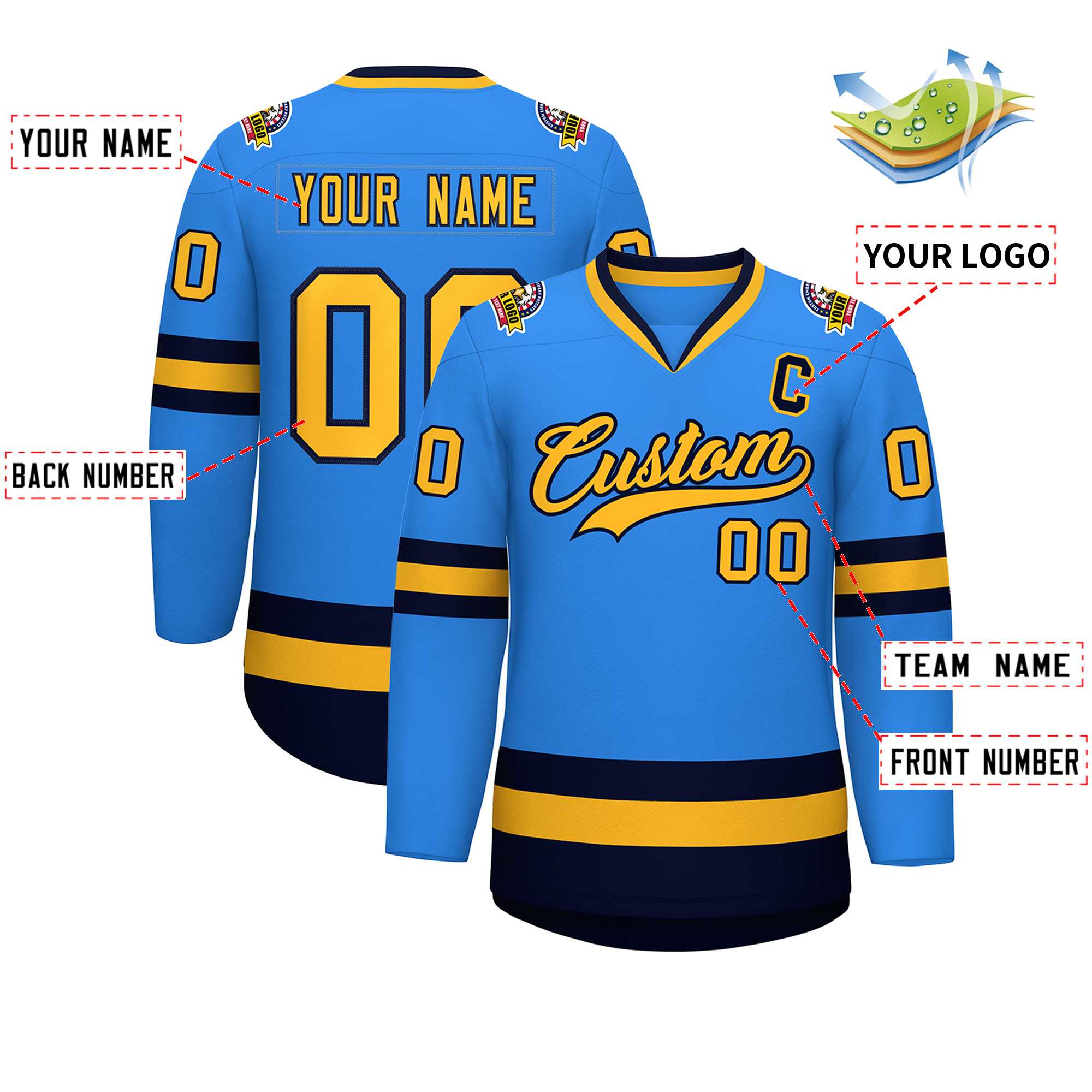 Custom Powder Blue Gold-Navy Classic Style Hockey Jersey | KXKSHOP