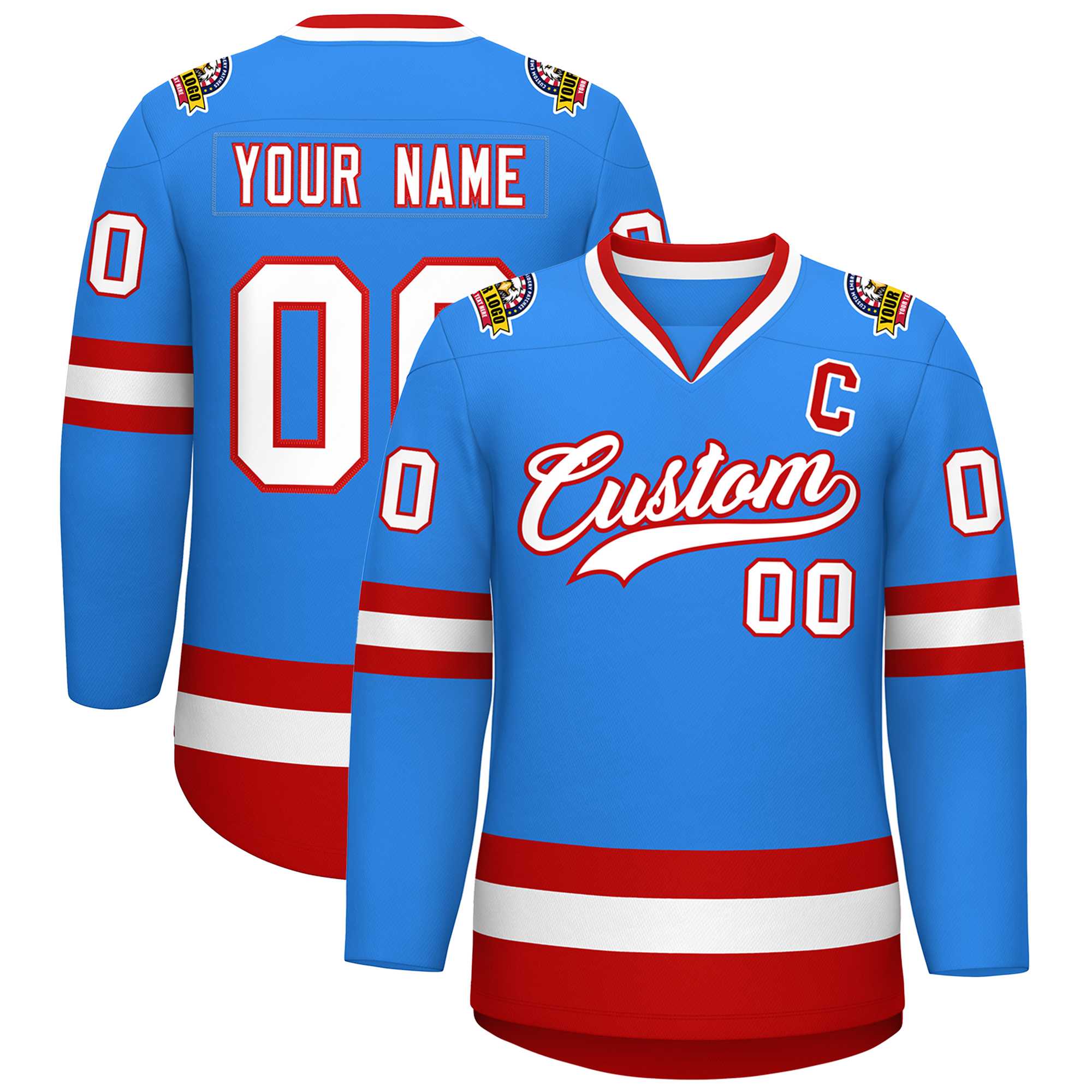 Custom Powder Blue White-Red Classic Style Hockey Jersey | KXKSHOP