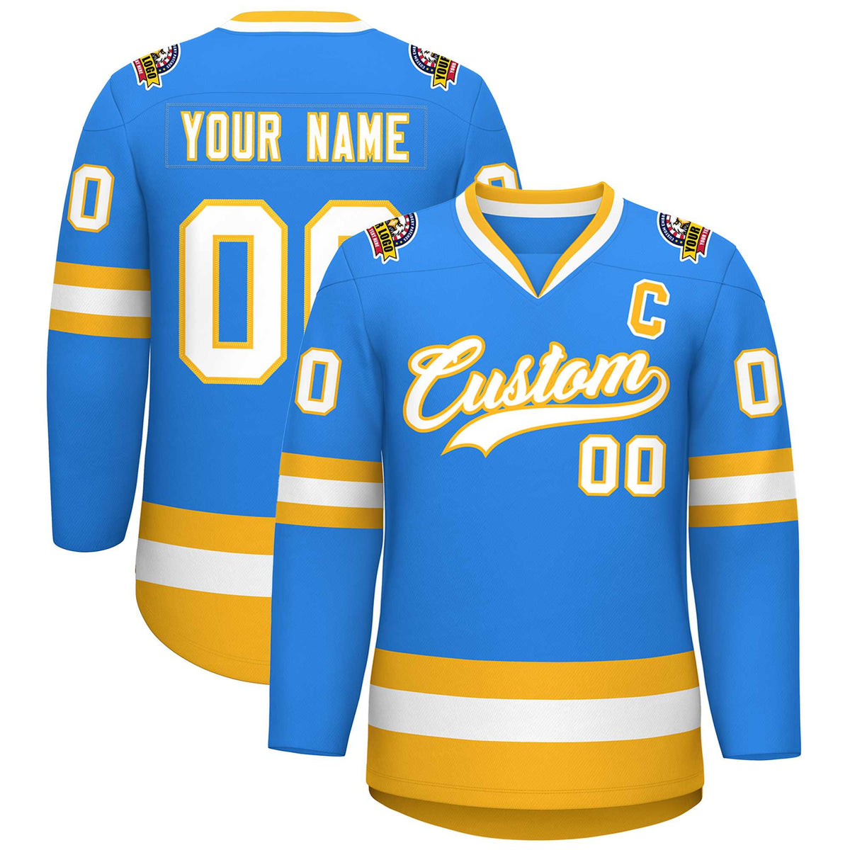 Custom Powder Blue White-Gold Classic Style Hockey Jersey | KXKSHOP