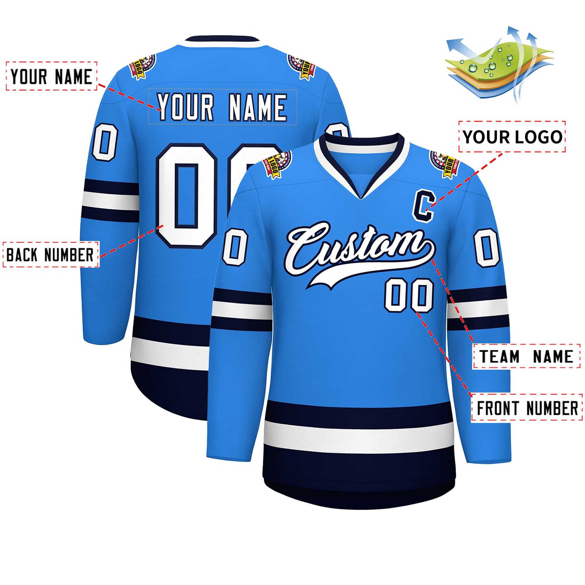 Custom Powder Blue White-Navy Classic Style Hockey Jersey | KXKSHOP