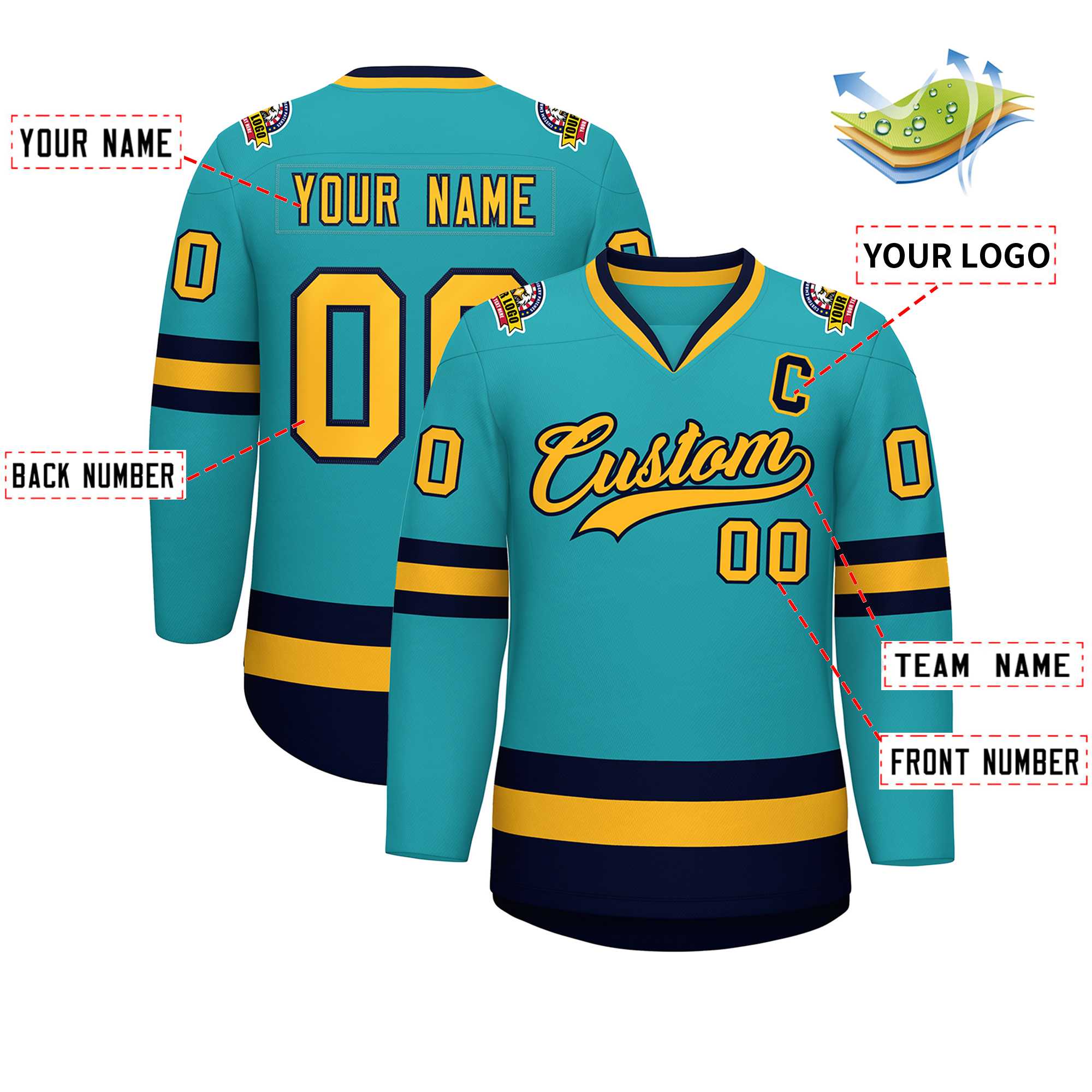 Custom Aqua Gold-Navy Classic Style Hockey Jersey | KXKSHOP
