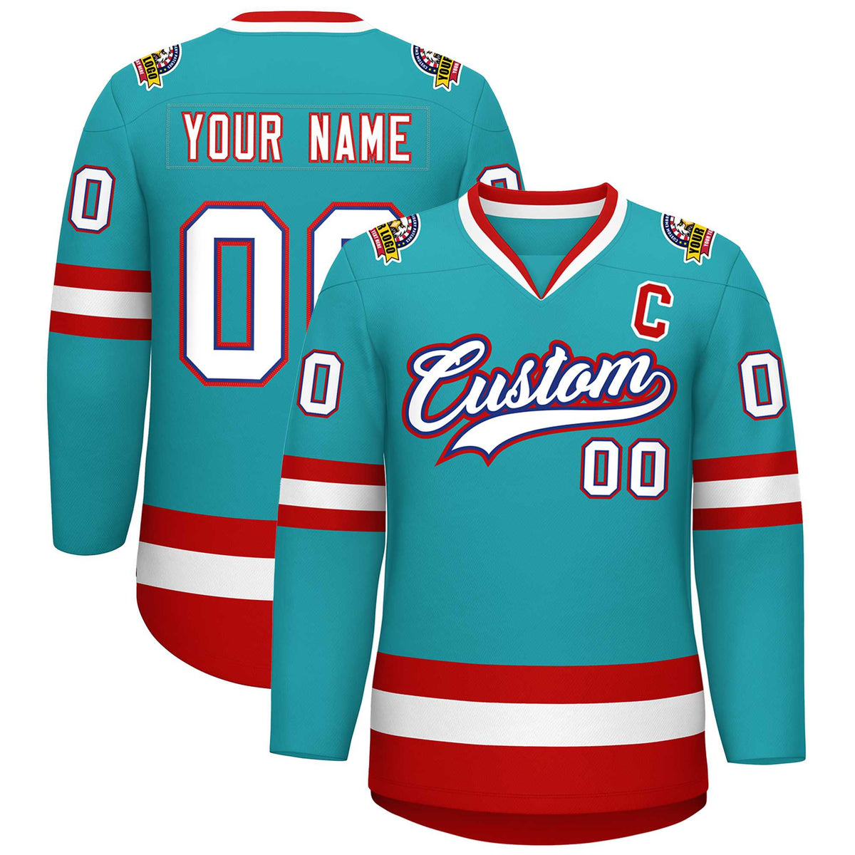 Custom Aqua White Royal-Red Classic Style Hockey Jersey | KXKSHOP