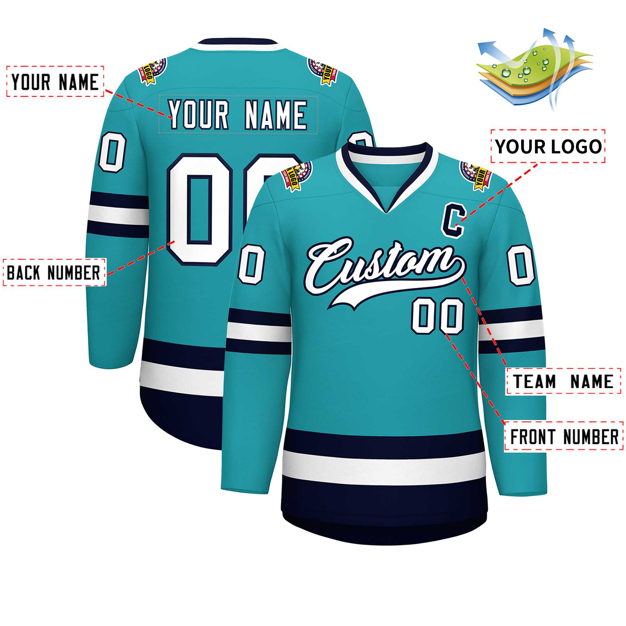 Custom Aqua White-Navy Classic Style Hockey Jersey | KXKSHOP
